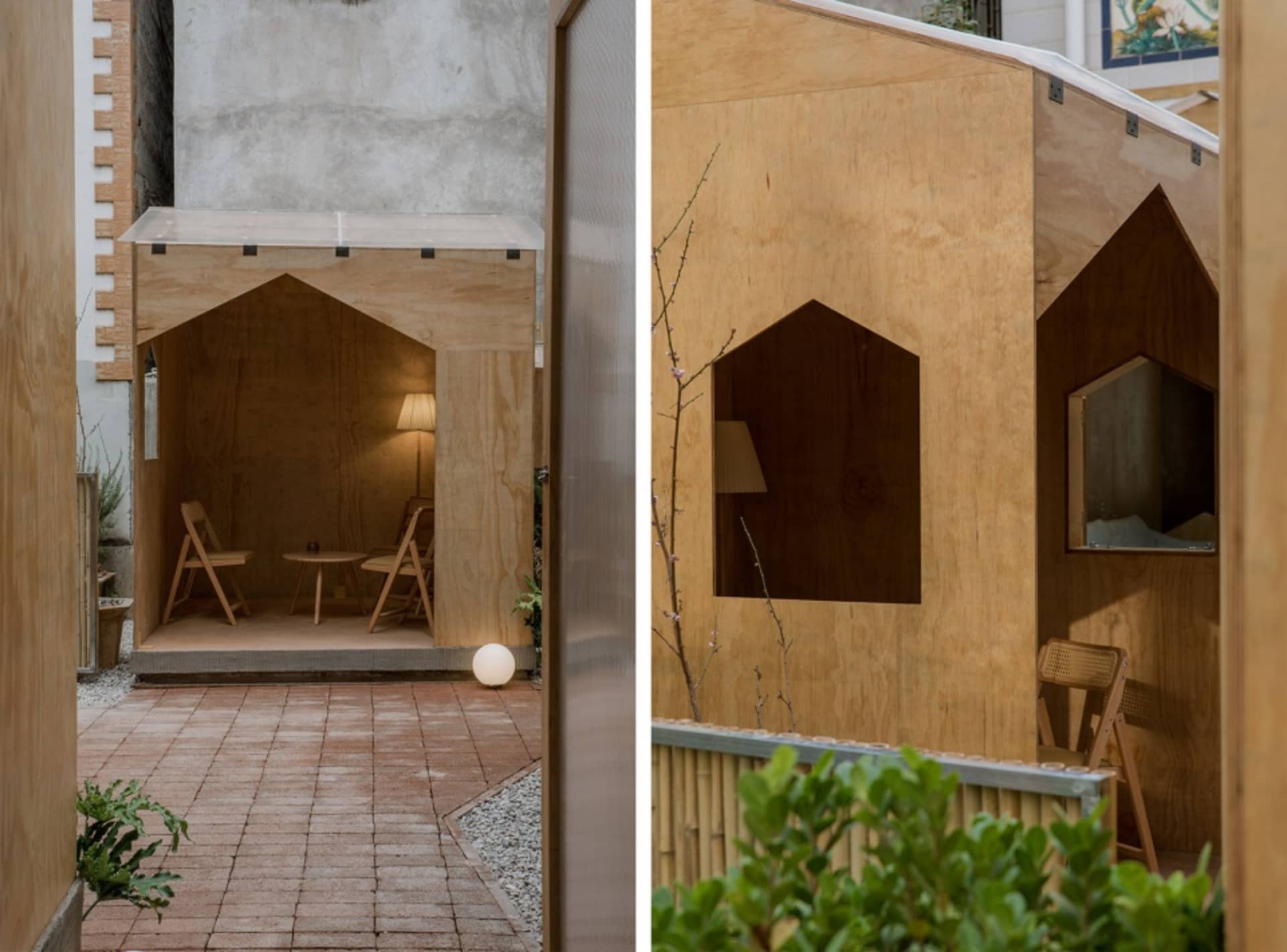 Two rooms with wooden furniture, one with a dining table and chairs, the other with a couch and chair, creating a warm and inviting atmosphere