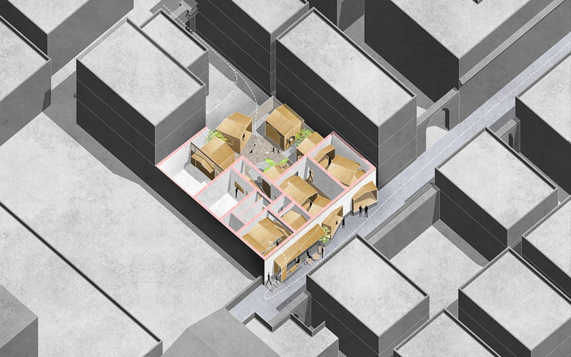 A cozy interior space with a wooden house within a larger structure, featuring a living area, dining area, and bedroom, with multiple people and a warm atmosphere