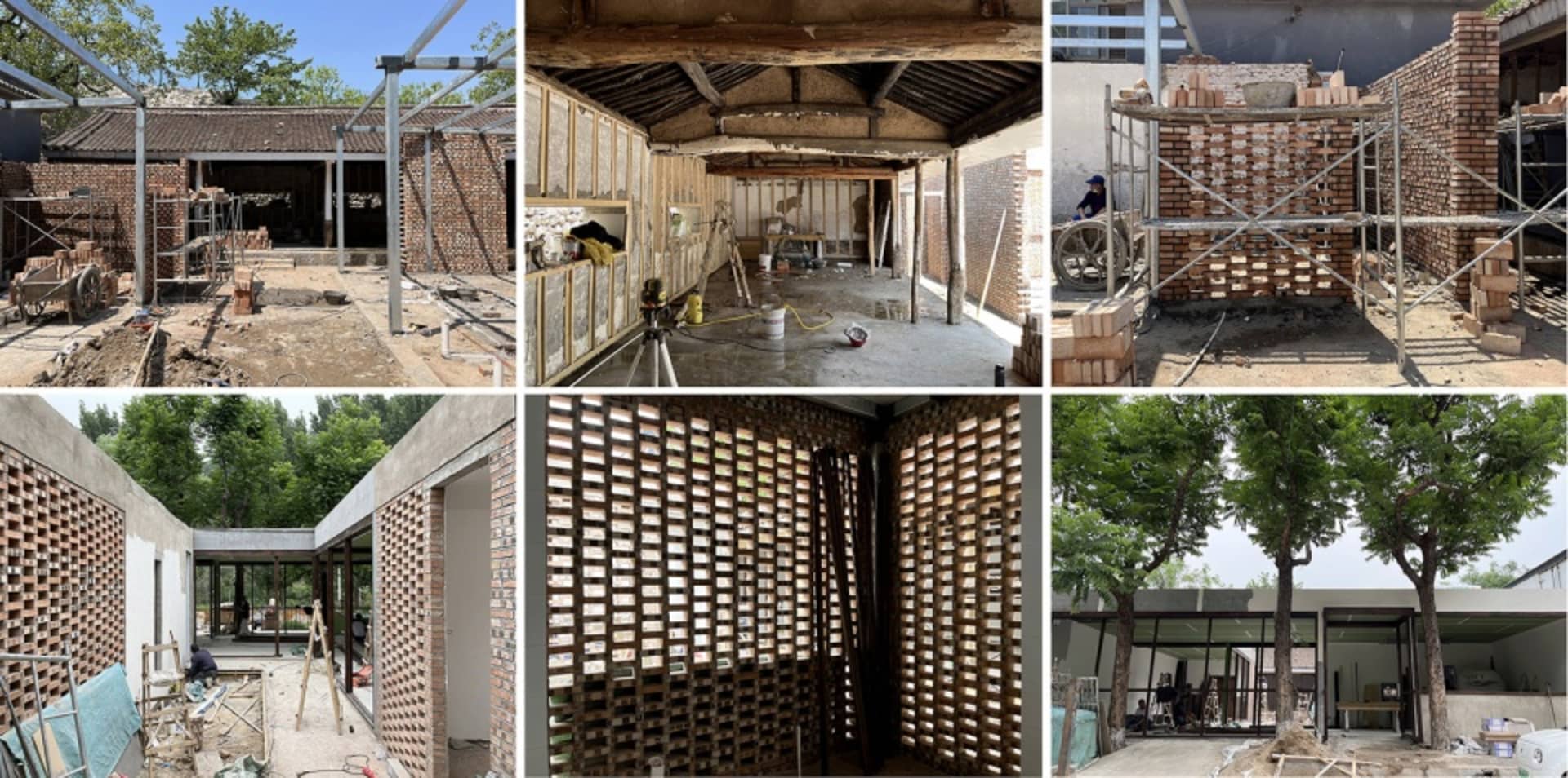 四張圖像展示磚牆建築物的施工過程，包括窗戶、門戶及現場工人