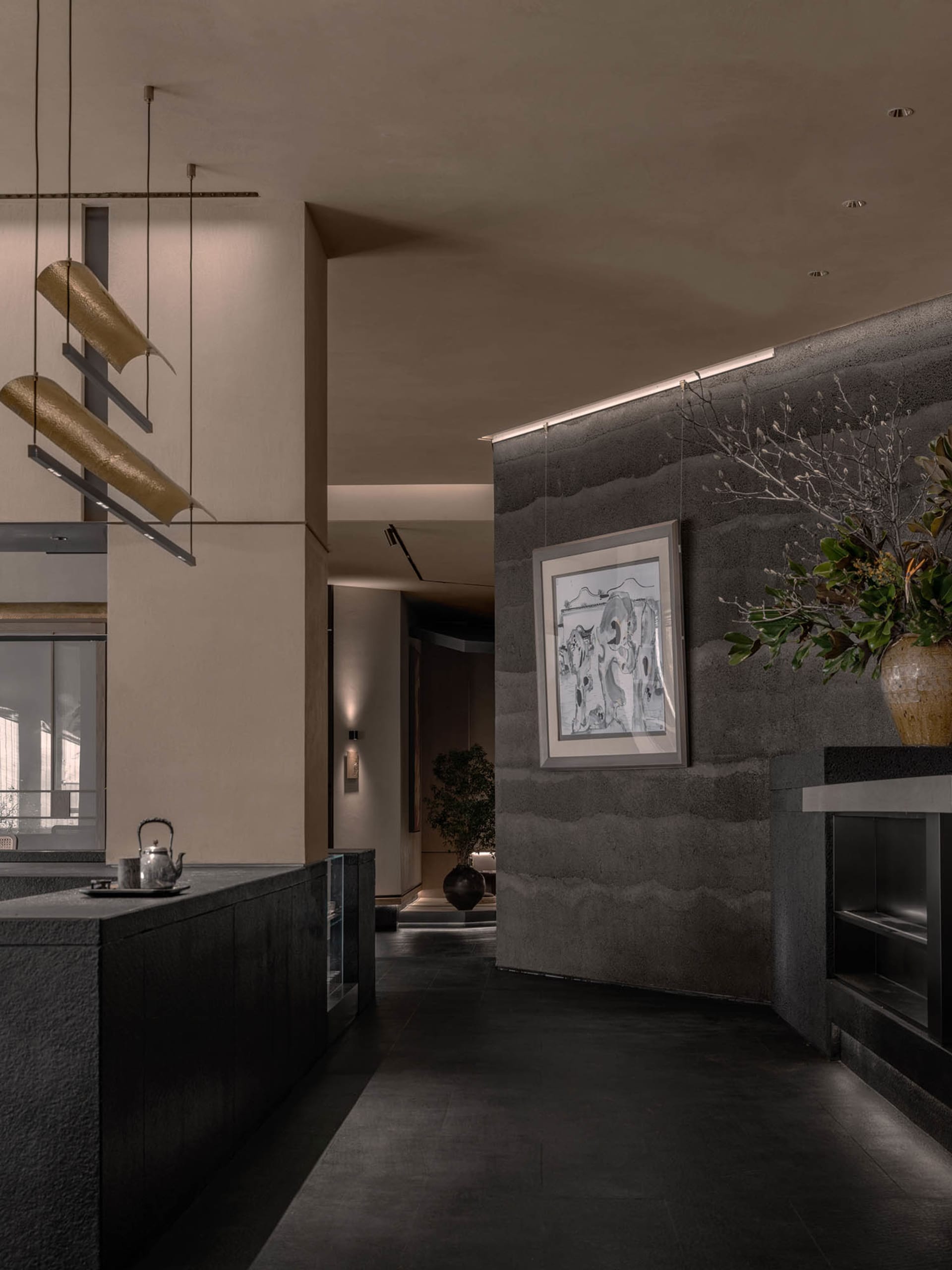 Modern living space with black walls, gray floor, natural light, and decorative elements from vases and potted plants