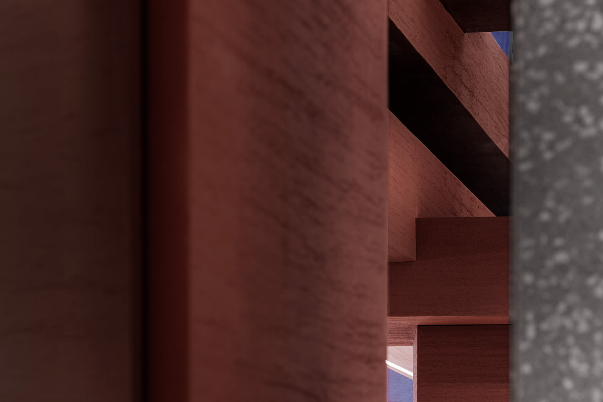 A wooden staircase in front of a stone wall, creating a sense of depth and dimension