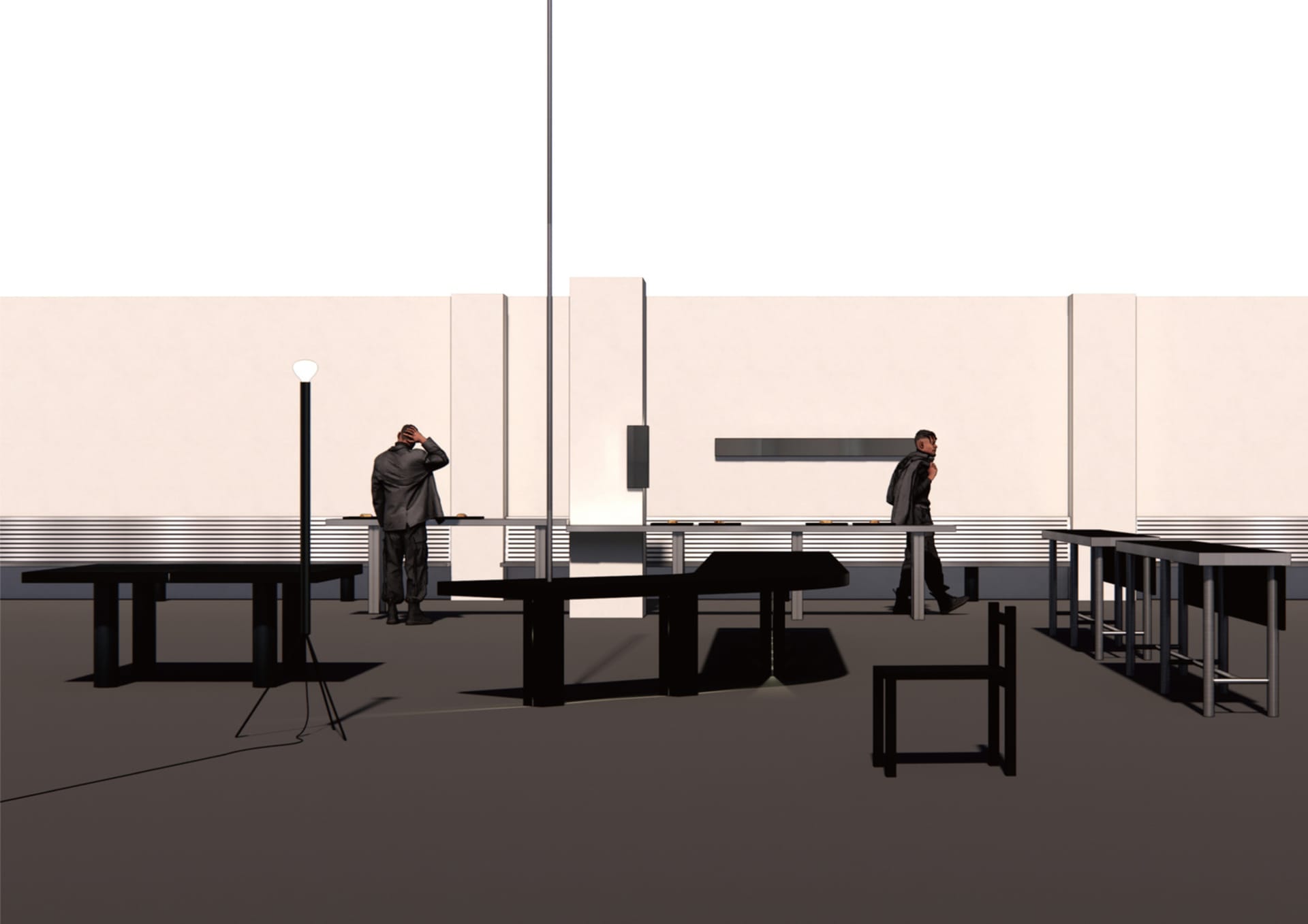 Casual dining space with a table and chairs, two men standing in front, inviting atmosphere