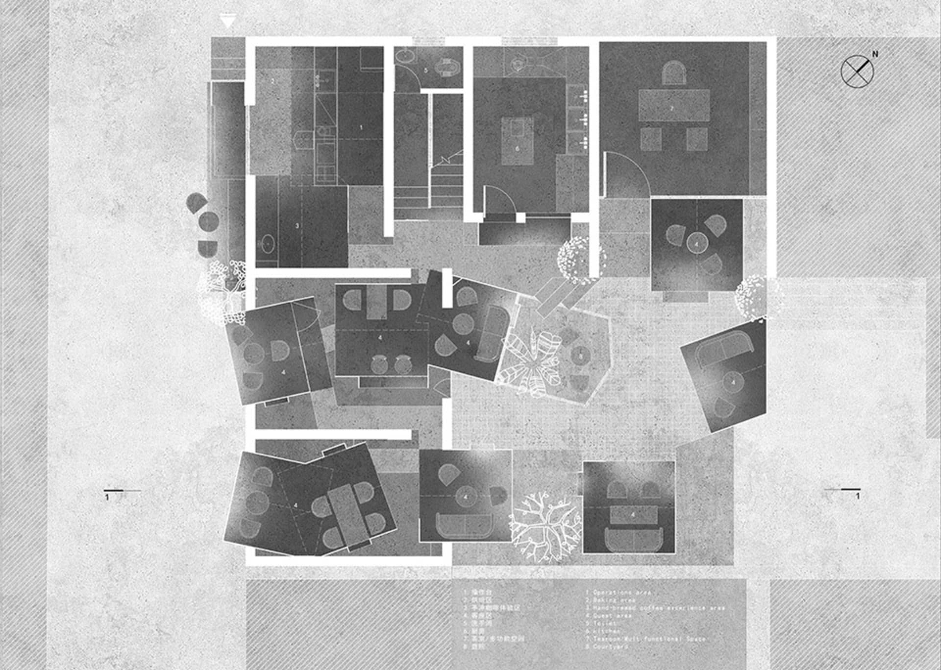A black and white architectural scene of a house with a mix of styles, featuring a living area, dining area, kitchen, and bedroom, with a simple and elegant atmosphere