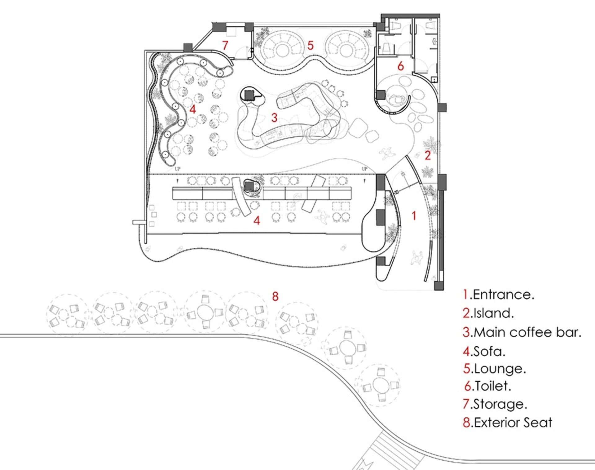 寬敞建築的 2D 樓層平面圖，包含多處座位區、餐桌及兩座泳池，並標註各項設施