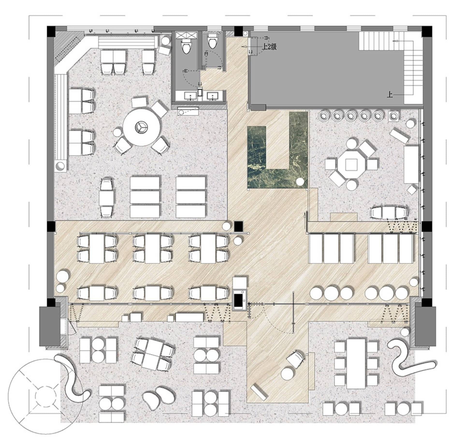 Comprehensive floor plan of a large building with diverse styles and materials, featuring chairs and various rooms