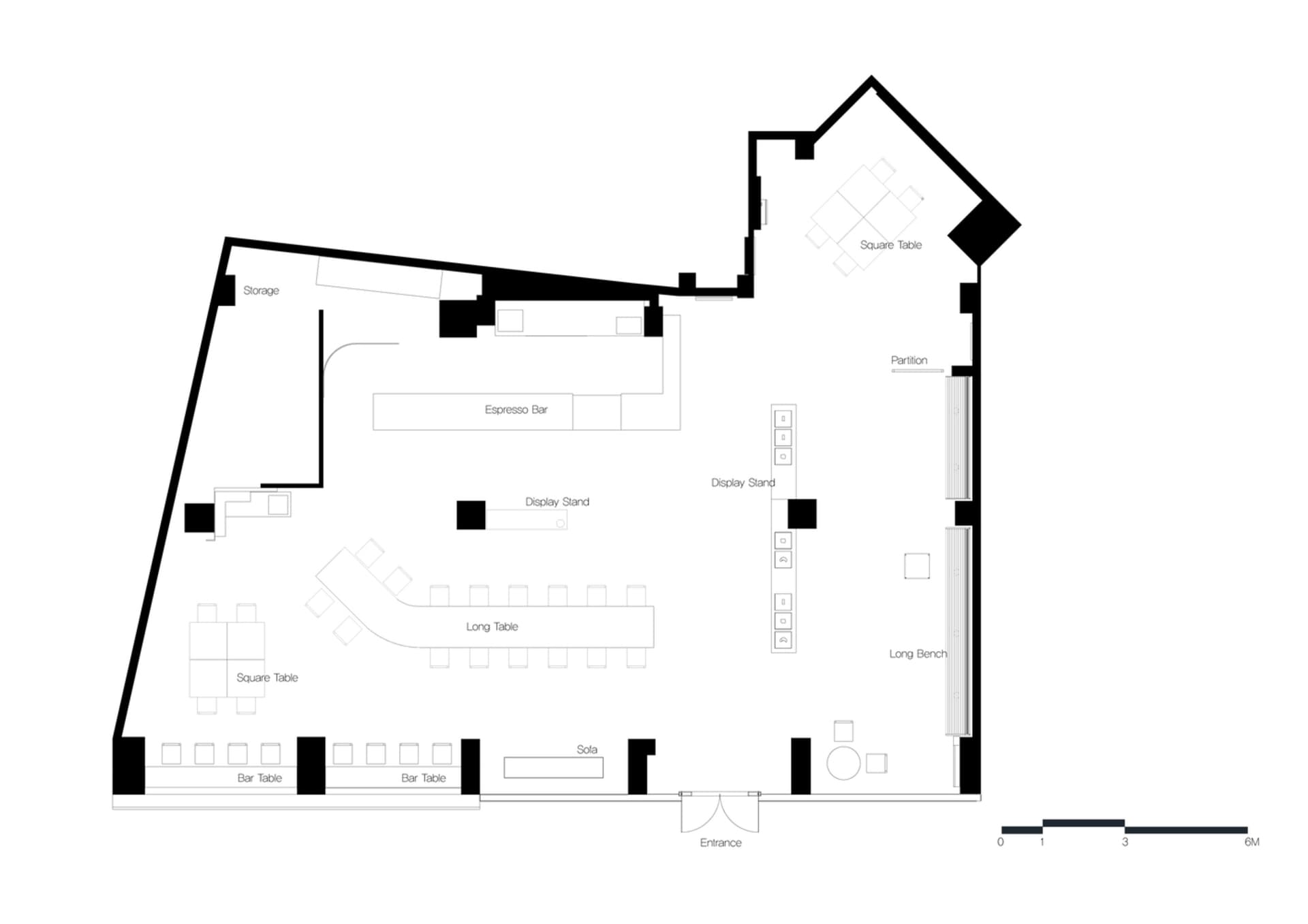 Empty modern space with a black outline of a floor plan, featuring simple lines and geometric shapes, with dim lighting