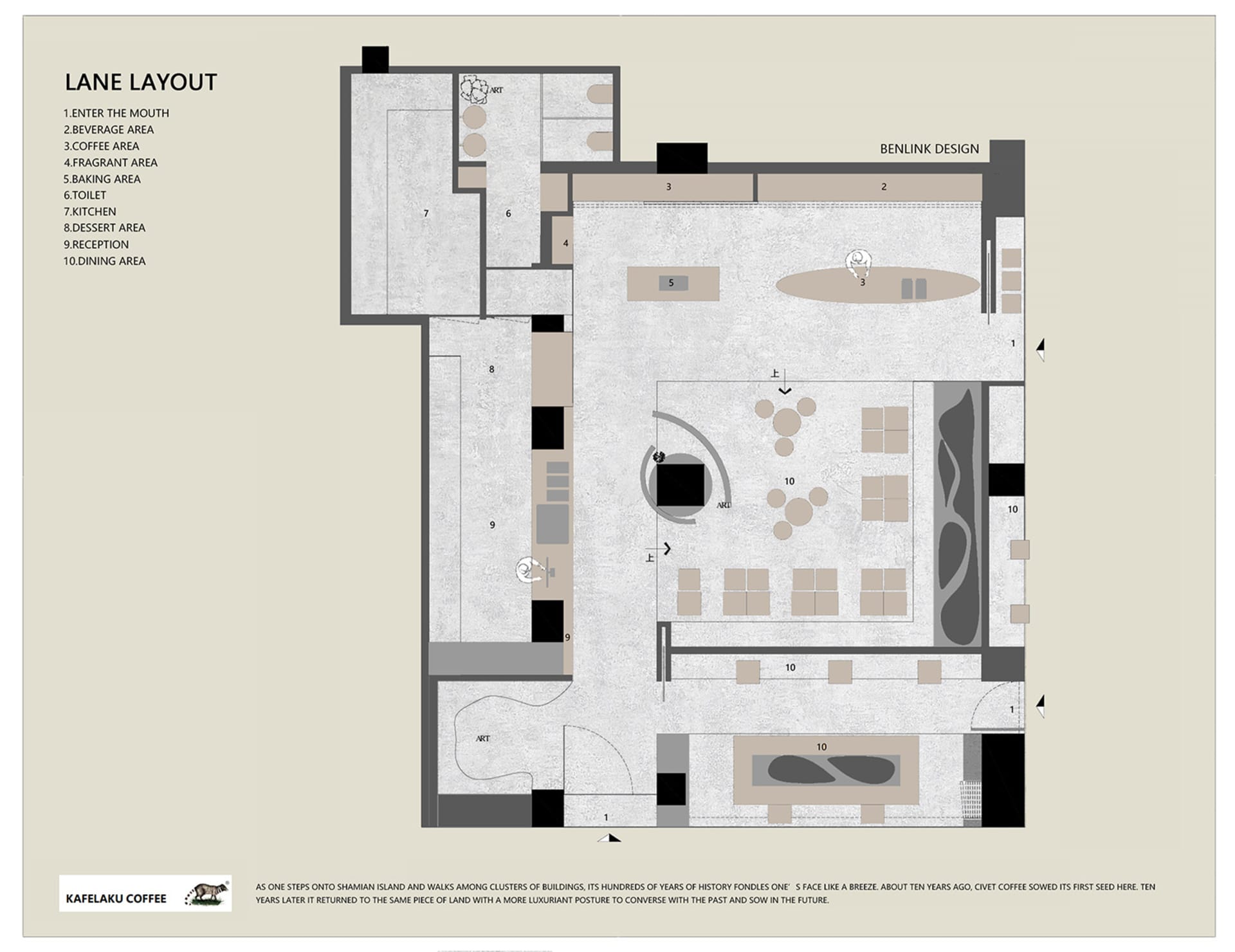 2D floor plan of a modern hotel with a dining area, kitchen, and multiple bedrooms, featuring clear labels and measurements