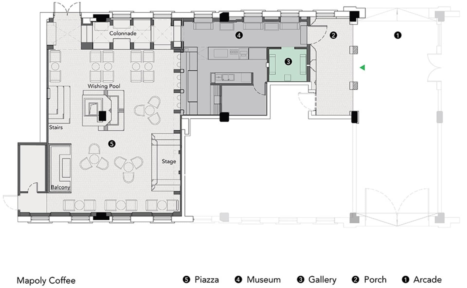 現代建築的 2D 平面圖，包含許願池、博物館與藝廊，設有各式房間與座位區