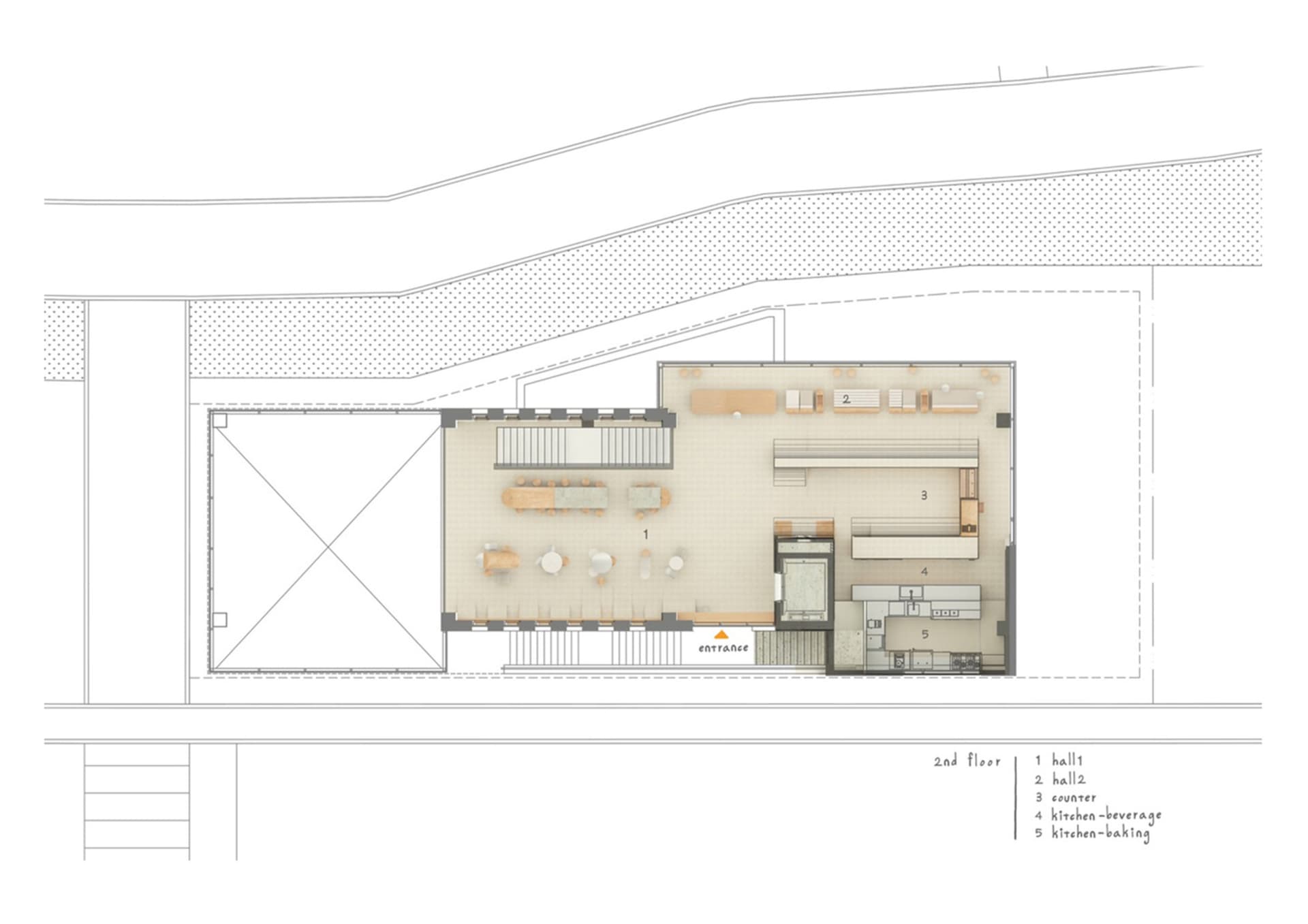 現代開放式空間的 2D 平面圖，包含廚房區與客廳，具備線稿、標籤與尺寸標註