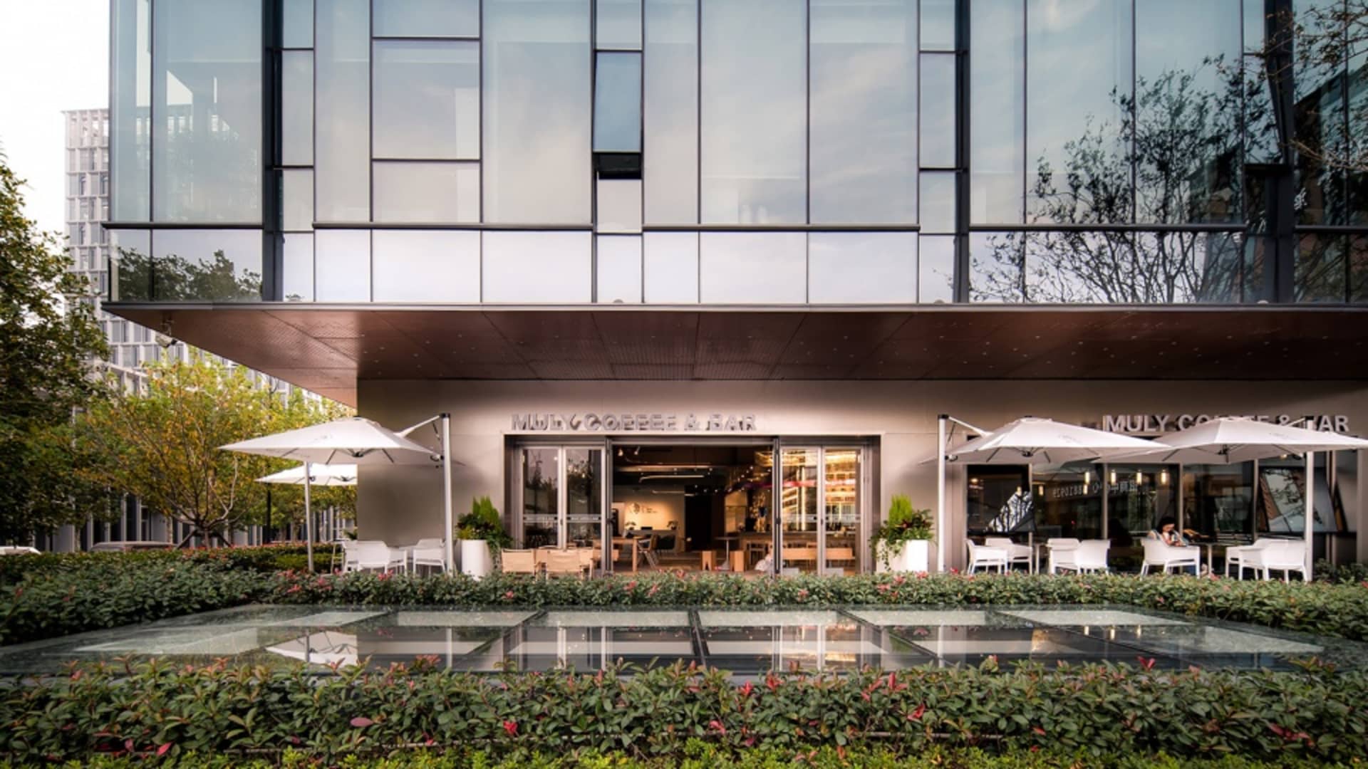 Modern storefront with a glass roof, large windows, and potted plants, inviting and welcoming atmosphere