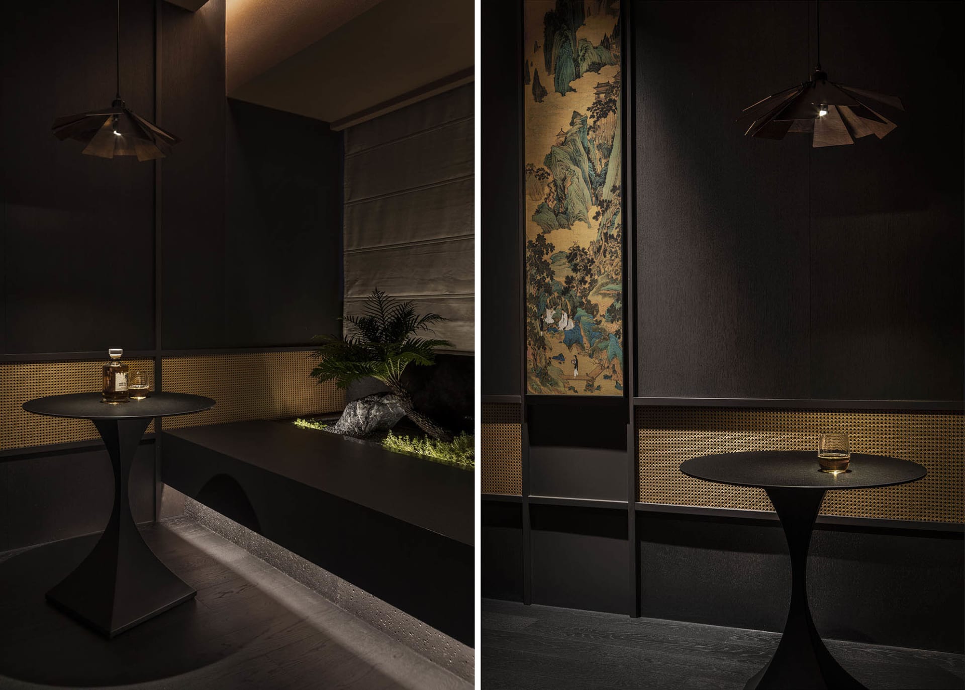 Two interior design styles in one room with dark and light walls, oriental decor, and a potted plant