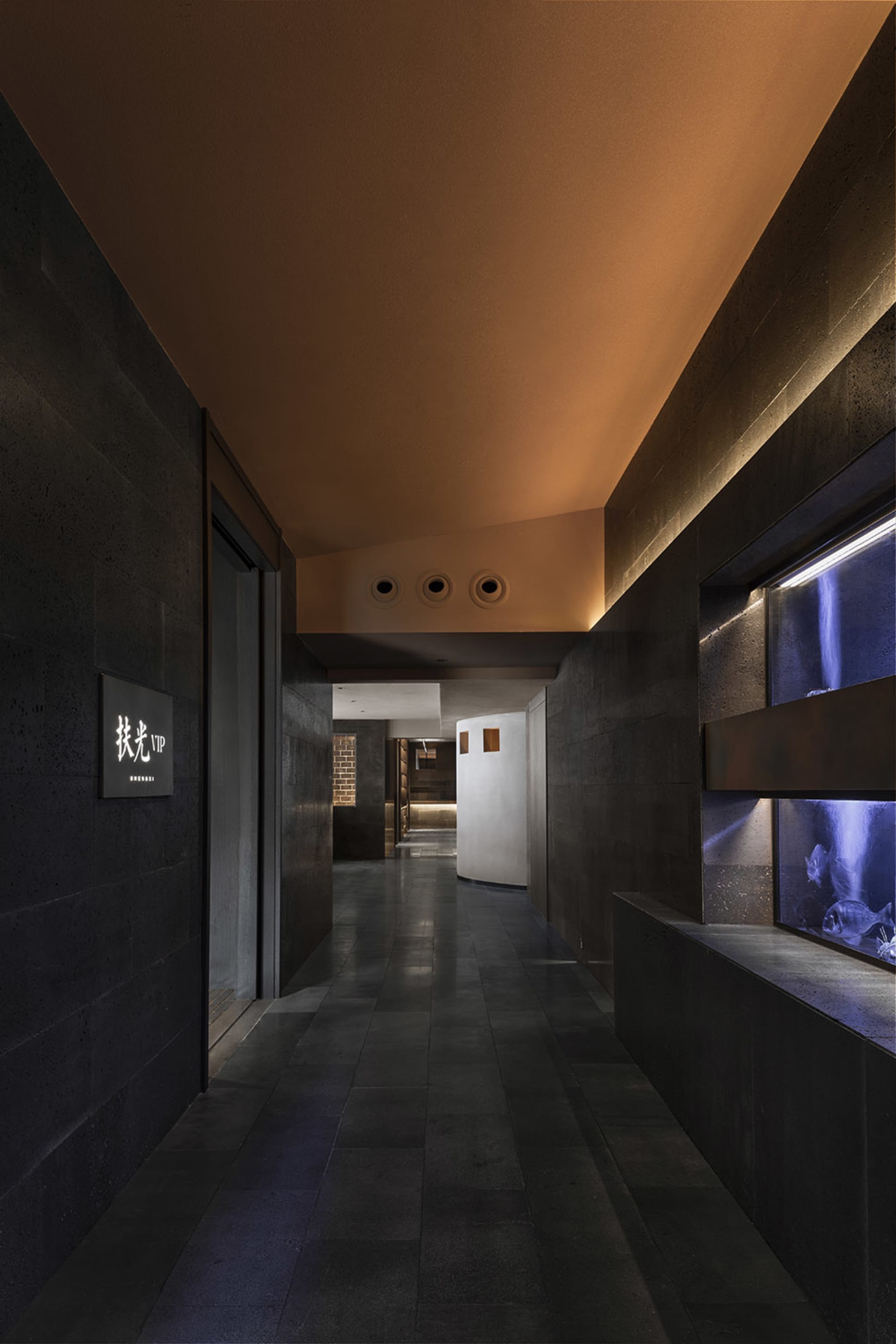 A public bathroom with a brown color scheme, featuring a hallway with a door, counter, sinks, and toilets