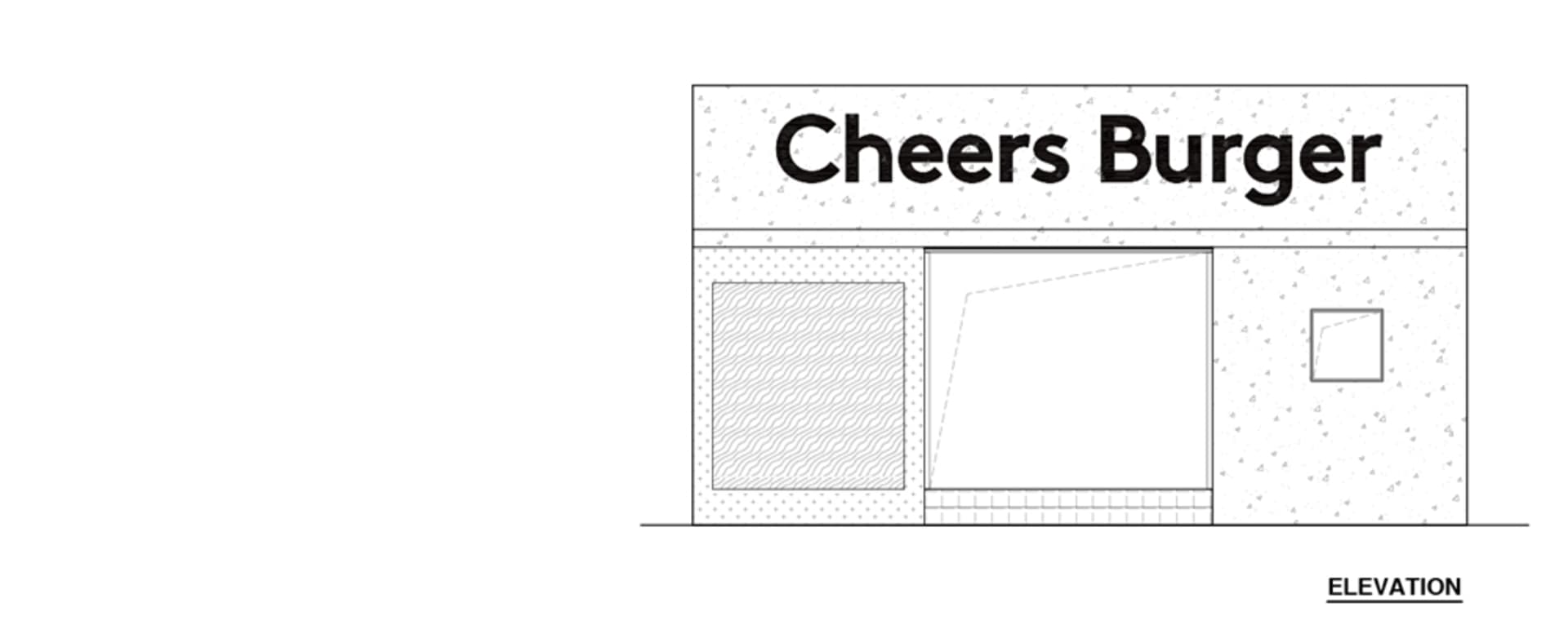 A white storefront with a black sign reading 'Cheers' and two display windows on either side of the entrance