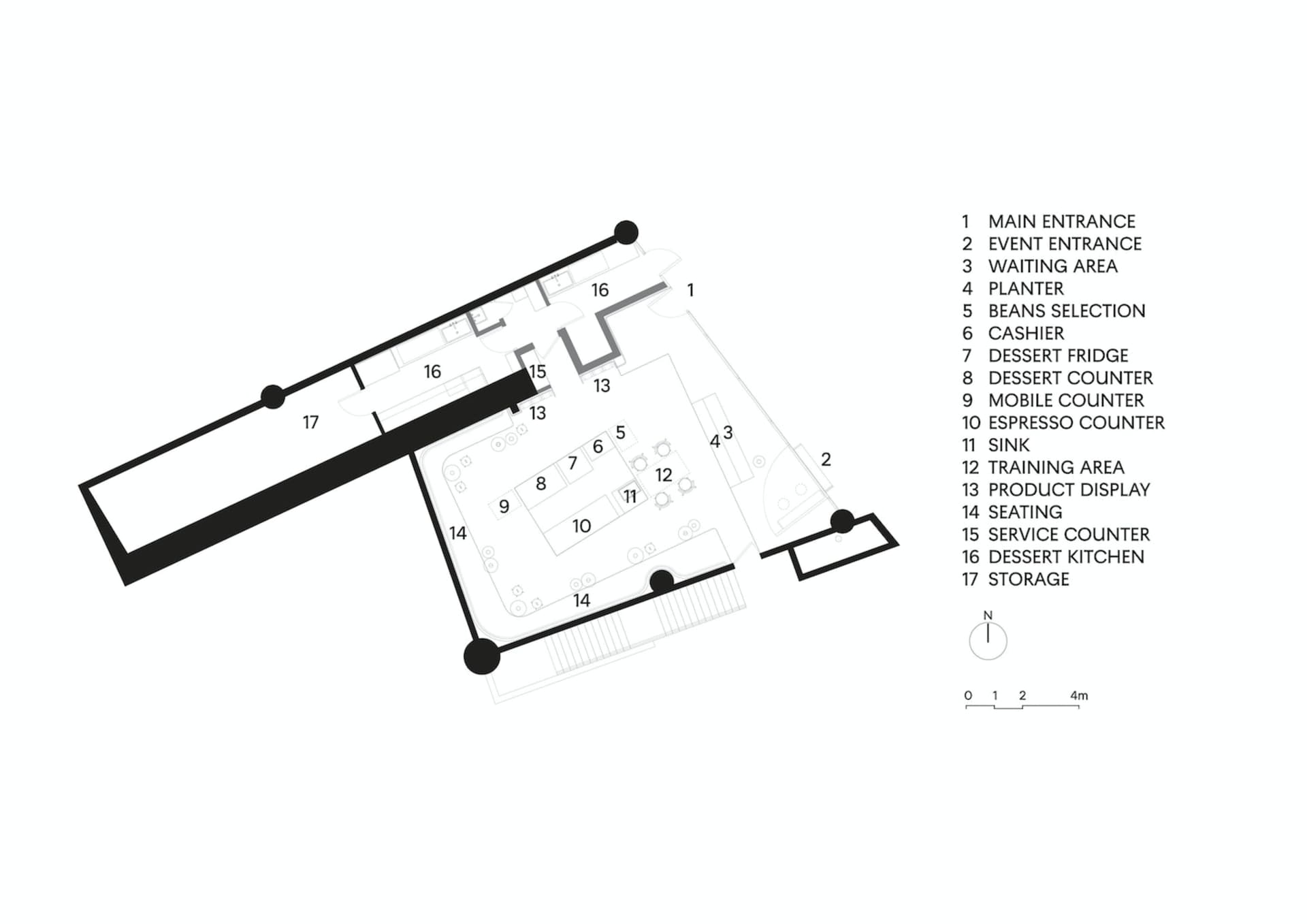 Architectural floor plan of a modern restaurant with labeled dining, kitchen, storage, and other functional areas