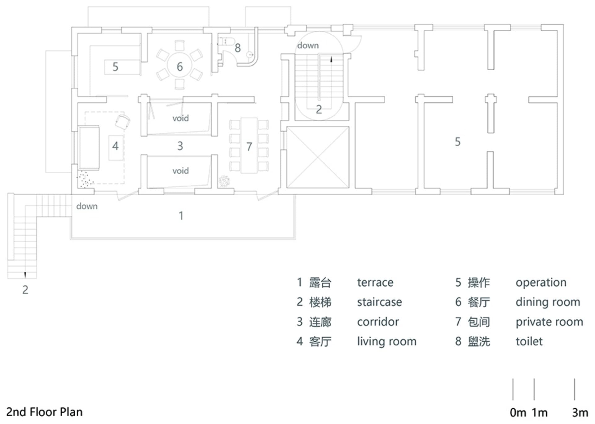 現代建築的建築平面圖，採用混凝土與木質材質，包含客廳、臥室、餐廳區域、樓梯、走廊與陽台