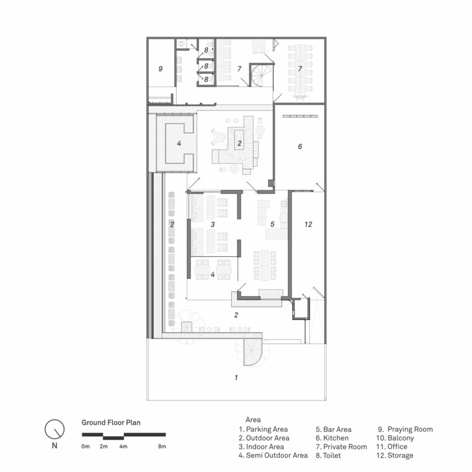 2D floor plan of a traditional church with ground floor, first floor, and second floor, featuring various labeled rooms and spaces