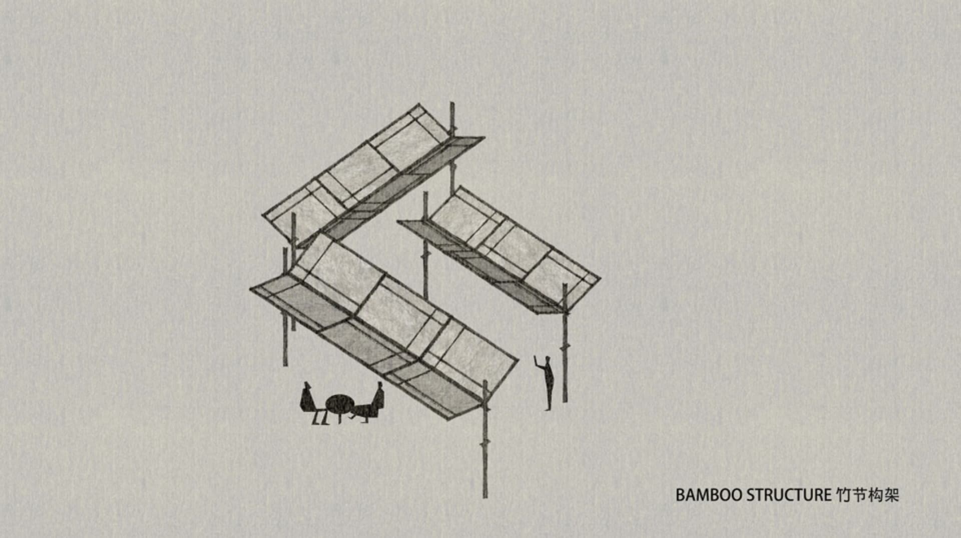 A modern building with multiple levels, a rooftop terrace, and a wooden structure, set against a stylized background