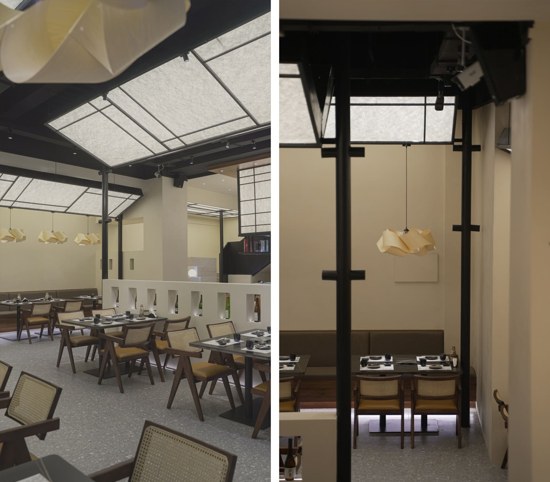 Empty modern restaurant interior with dining tables and chairs, a well-lit space with a focus on the ceiling design