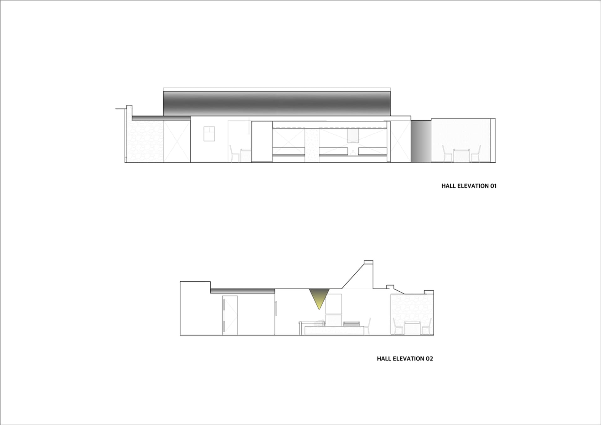 2D floor plan of a modern building's second story with a kitchen area, featuring walls, doors, windows, stairs, and chairs, in a clean and minimalistic style with white and gray colors