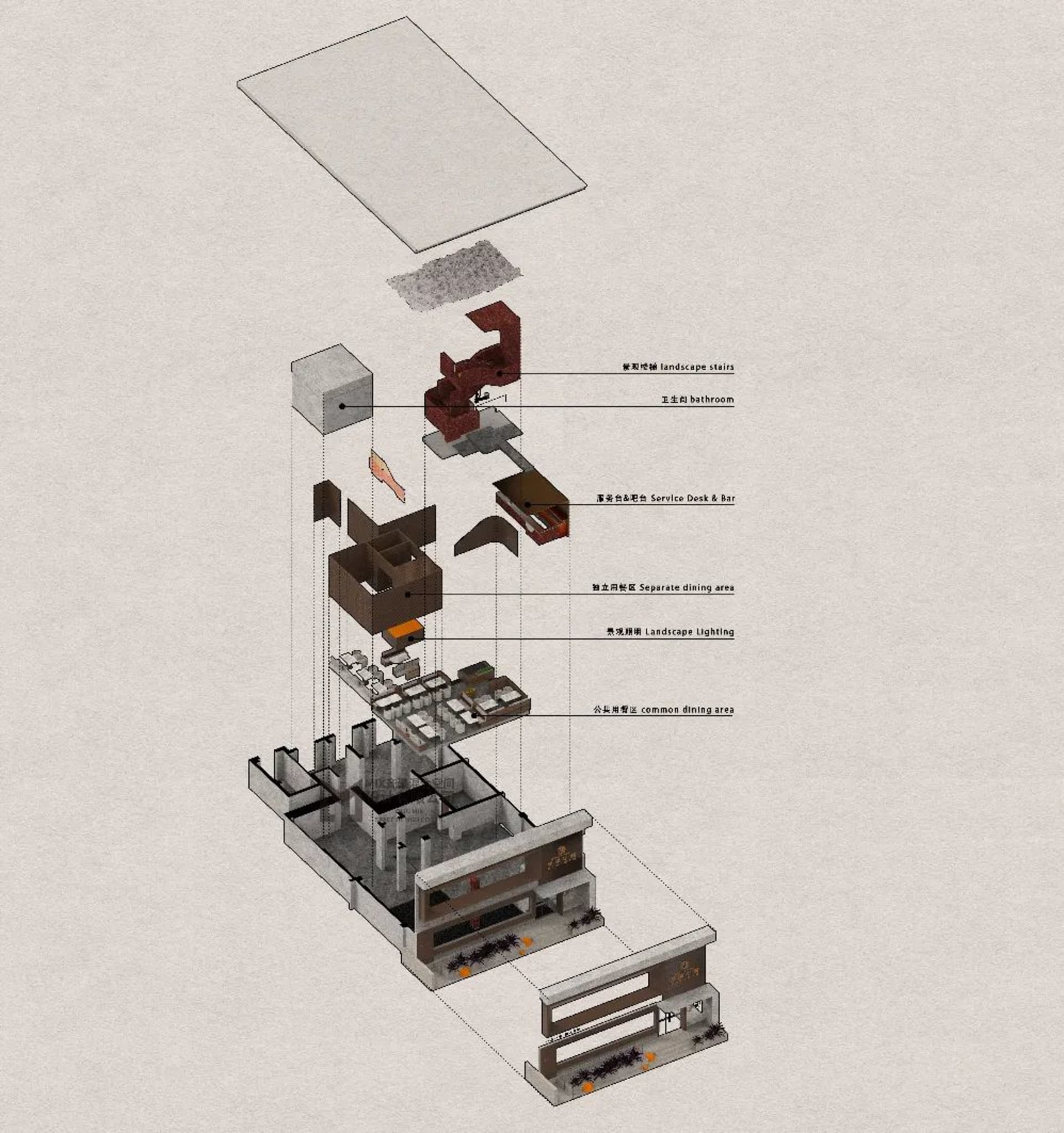 Detailed black and white floor plan of a building's interior with various rooms and design elements