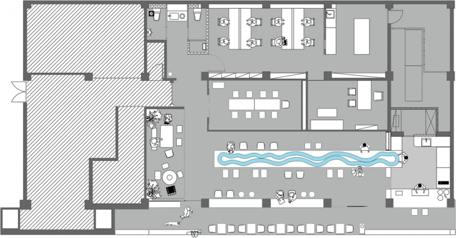 Spacious modern office space with multiple chairs in various positions, surrounded by a sleek and contemporary design