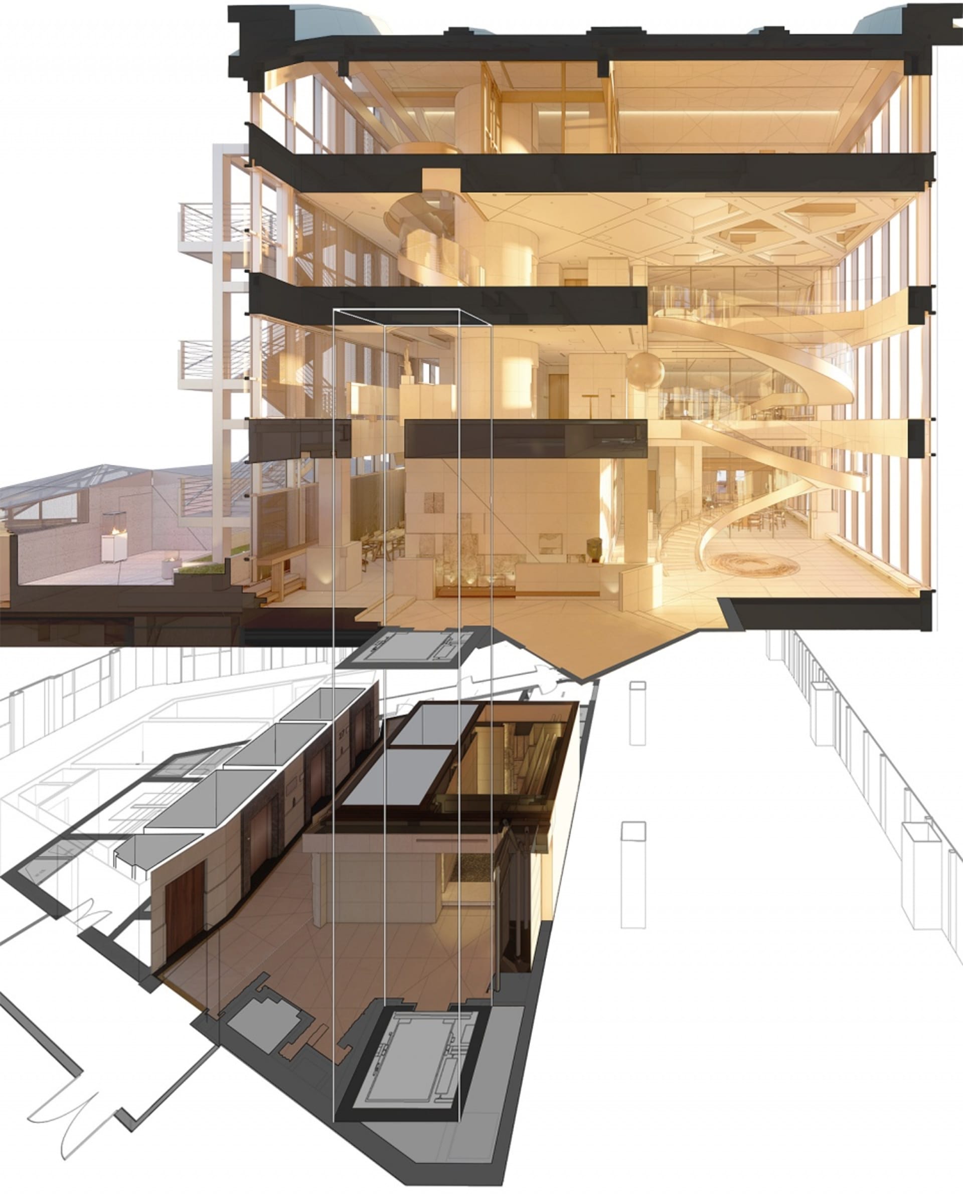 Modern interior space with open areas, large windows, and white walls, featuring a bright and spacious atmosphere