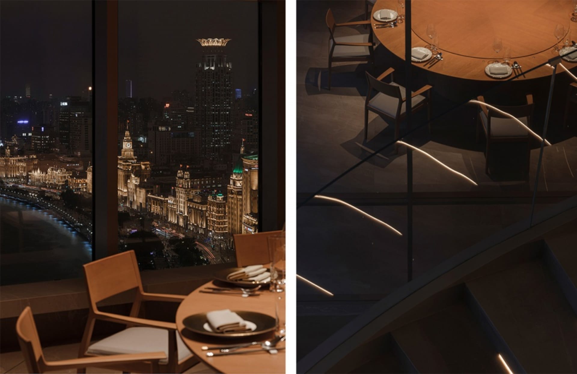 Urban cityscape at night with tall buildings and illuminated streets, alongside a refined restaurant interior with dining area, chairs, tables, and utensils
