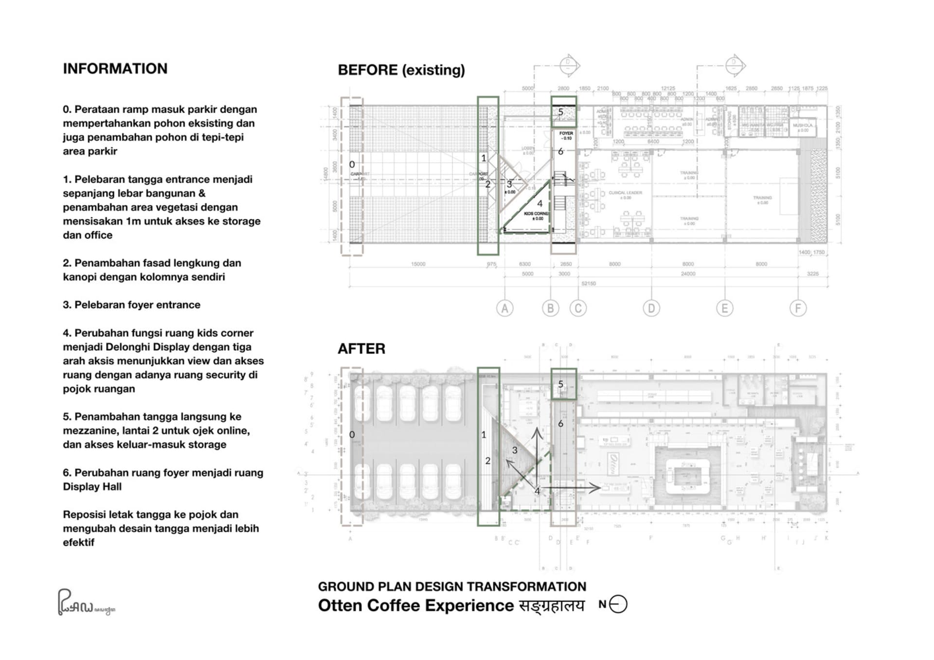 Architectural design transformation of a coffee shop featuring modern and sleek design, stainless steel, glass, and wood materials, and a well-lit inviting atmosphere