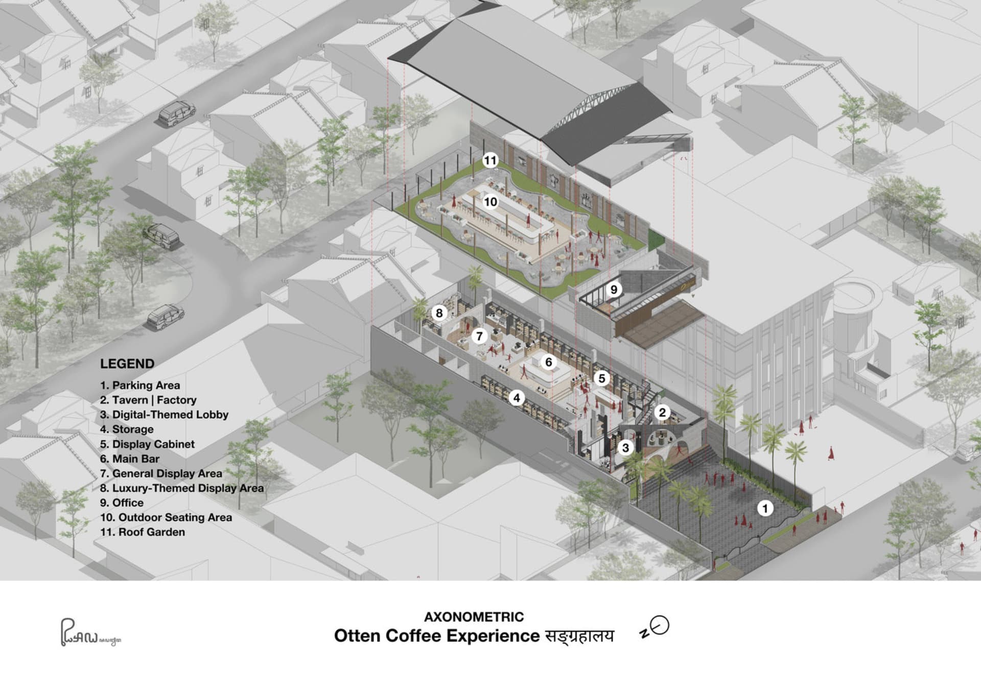 A well-designed coffee shop with seating areas, dining tables, and display spaces, featuring chairs, potted plants, and a welcoming atmosphere