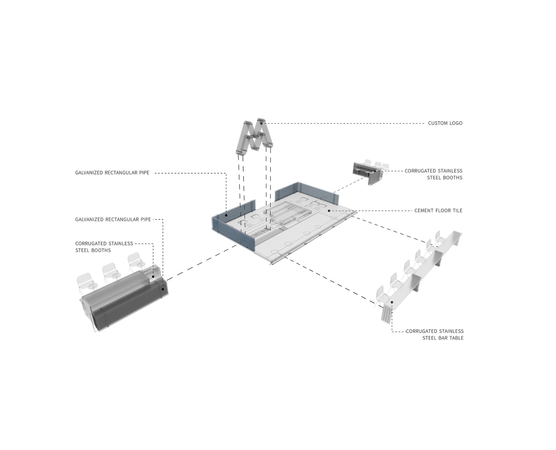 2D floor plan of a modern office space with modular furniture, walls, doors, and windows, featuring detailed labels and measurements