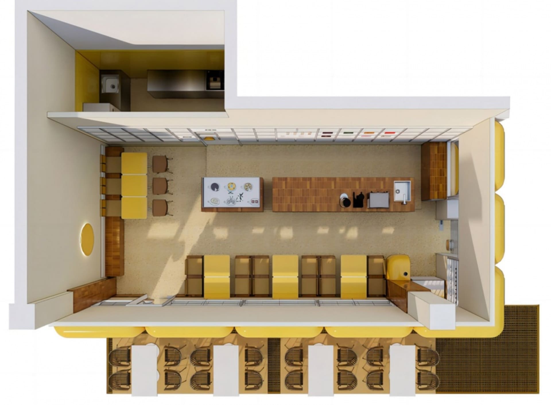 Modern kitchen and dining area with wooden cabinets, a dining table, and comfortable seating