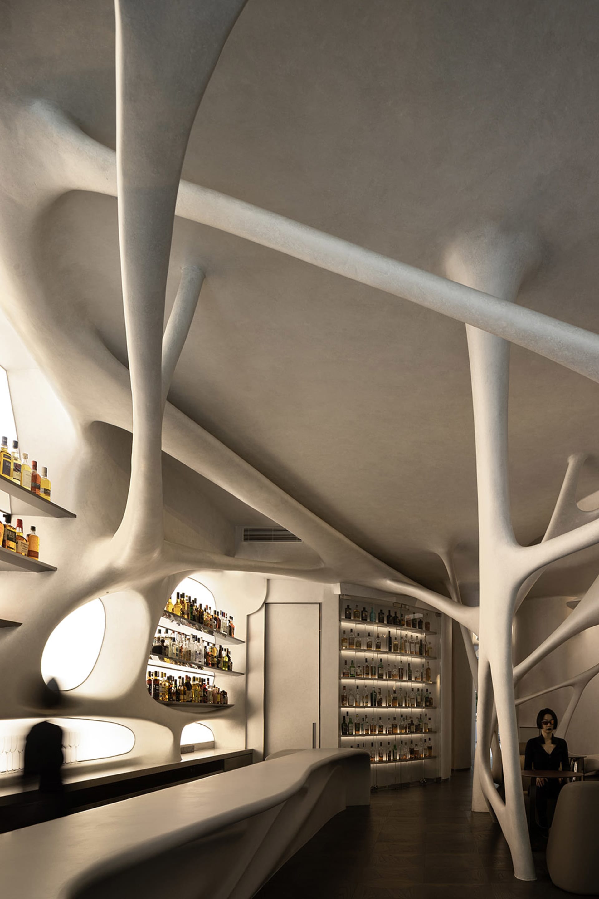 A cozy bar area with wine bottles on shelves, two people, and a relaxed atmosphere