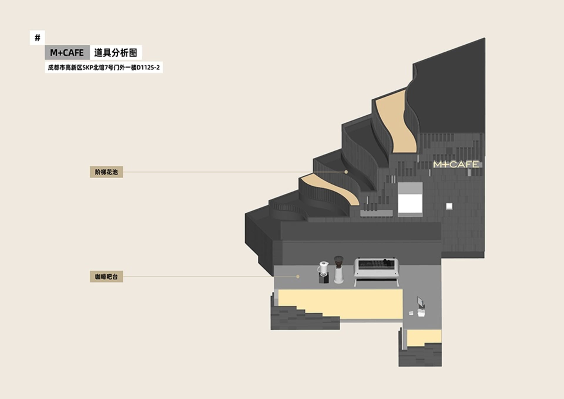 2D floor plan of a modern cafe with a dining area and kitchen, featuring linework, labels, and symbols
