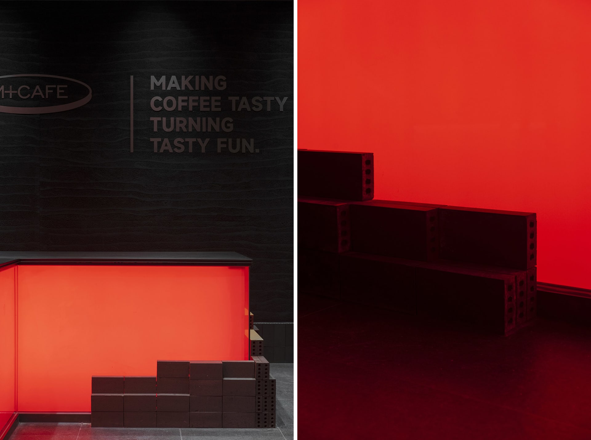 A modern coffee shop with red walls and black countertops, featuring a contemporary and sophisticated atmosphere
