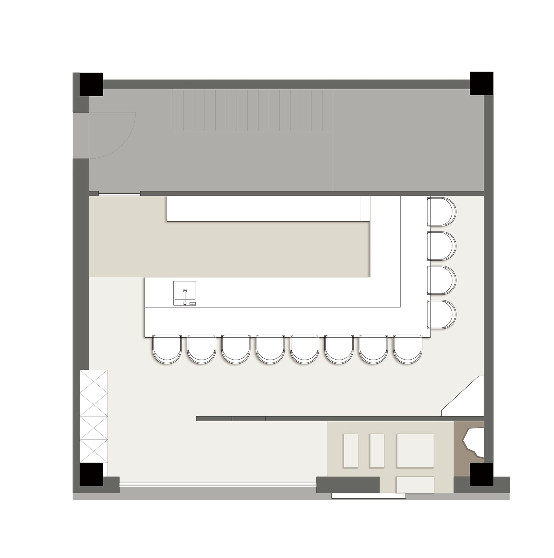 2D floor plan of a hotel with diverse room layouts, well-lit with natural light through windows and skylights