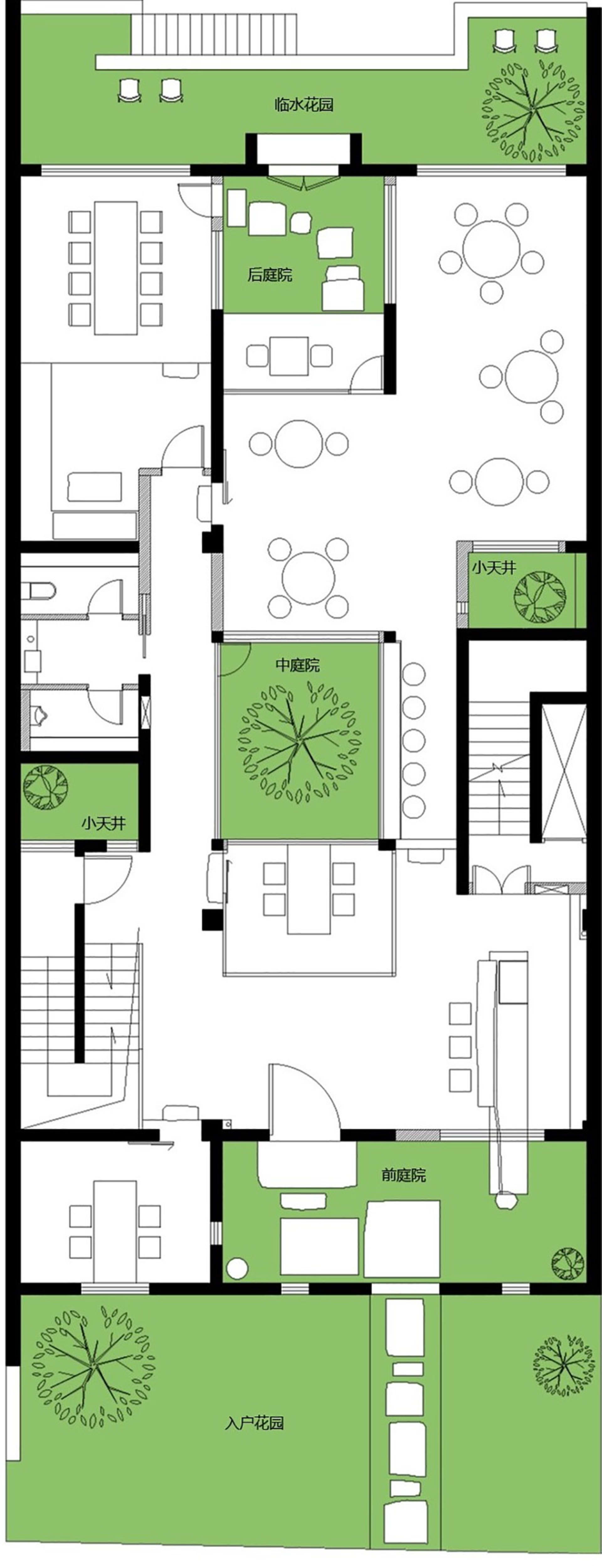 2D floor plan of a building with various rooms, including living spaces, dining areas, and bedrooms, featuring chairs and tables for seating and dining