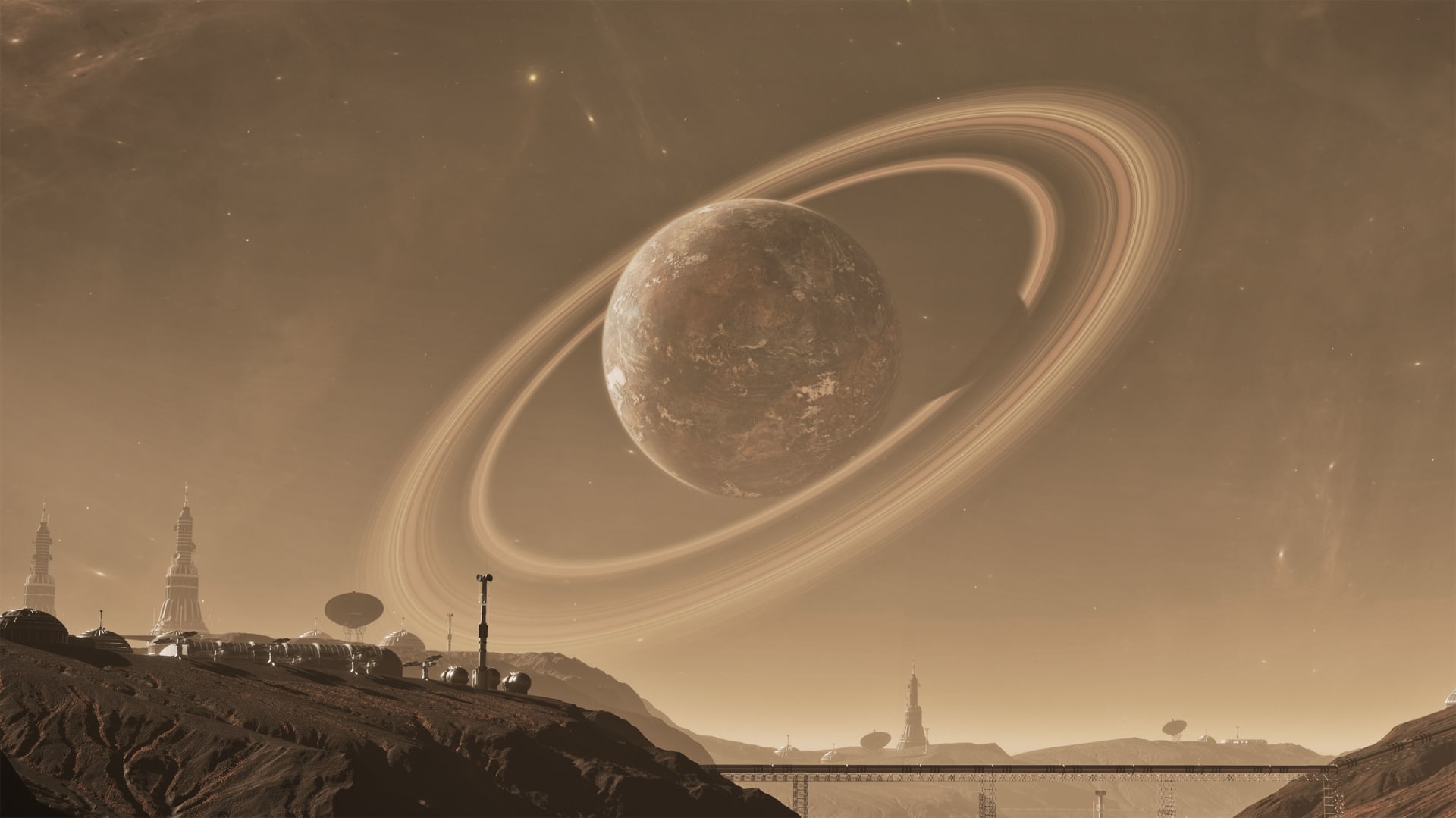 A futuristic cityscape with a large planet in the background, featuring modern and futuristic architecture, a bridge, and a blend of urban and extraterrestrial elements