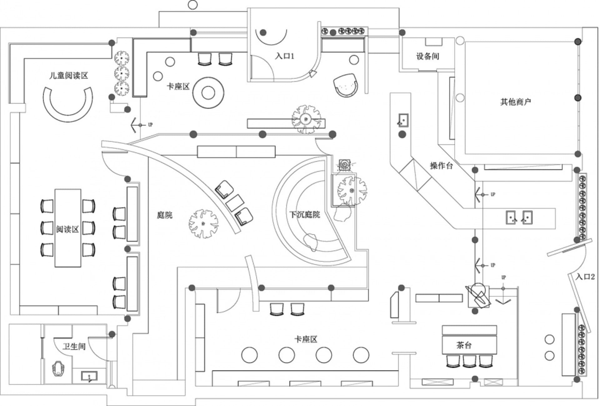 現代餐廳的 2D 平面圖，包含餐廳區、廚房與衛浴等空間，以白色表面與乾淨線條為特色