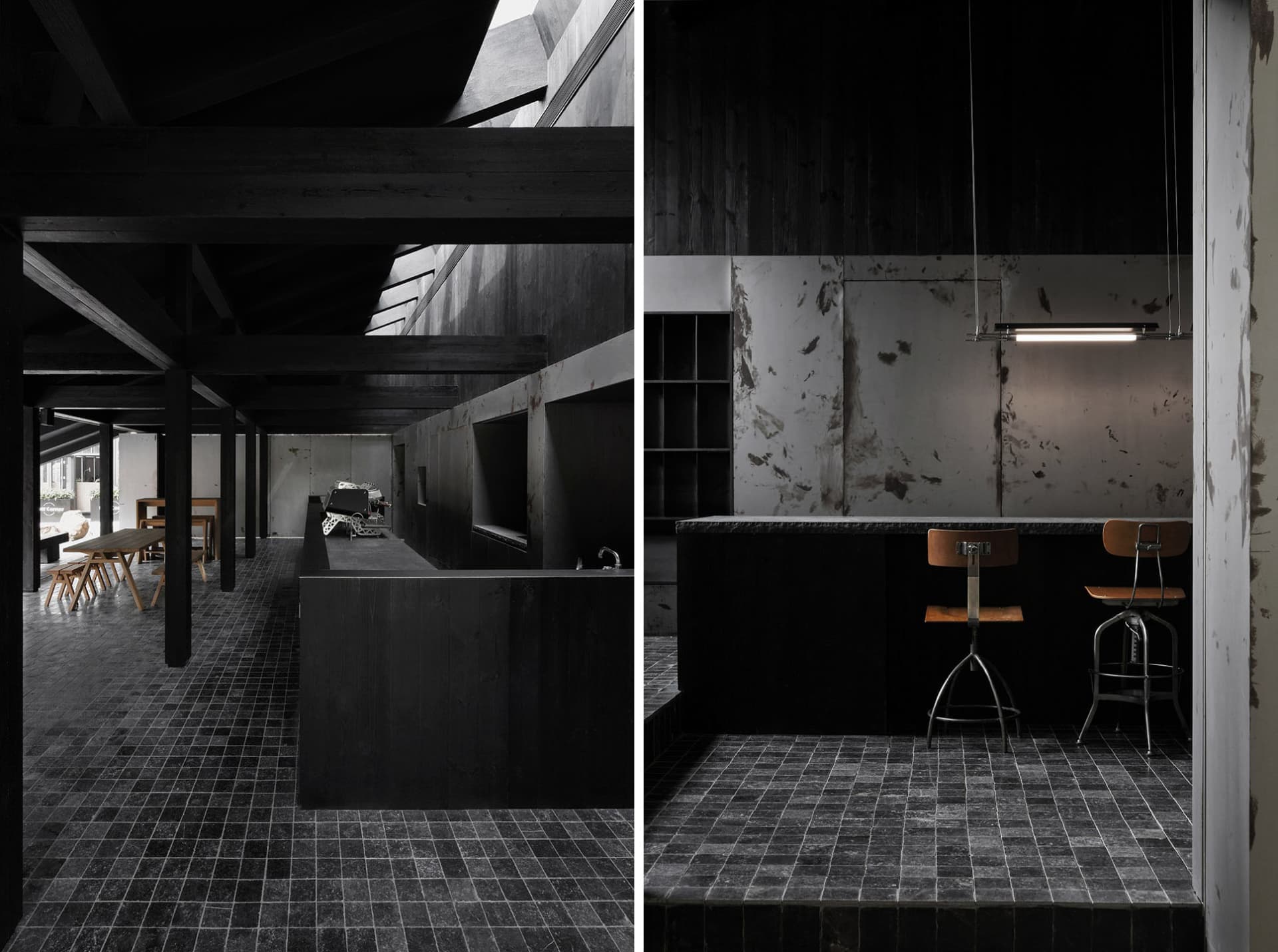木金點綴的現代餐廳與廚房空間，柔和燈光與極簡裝飾