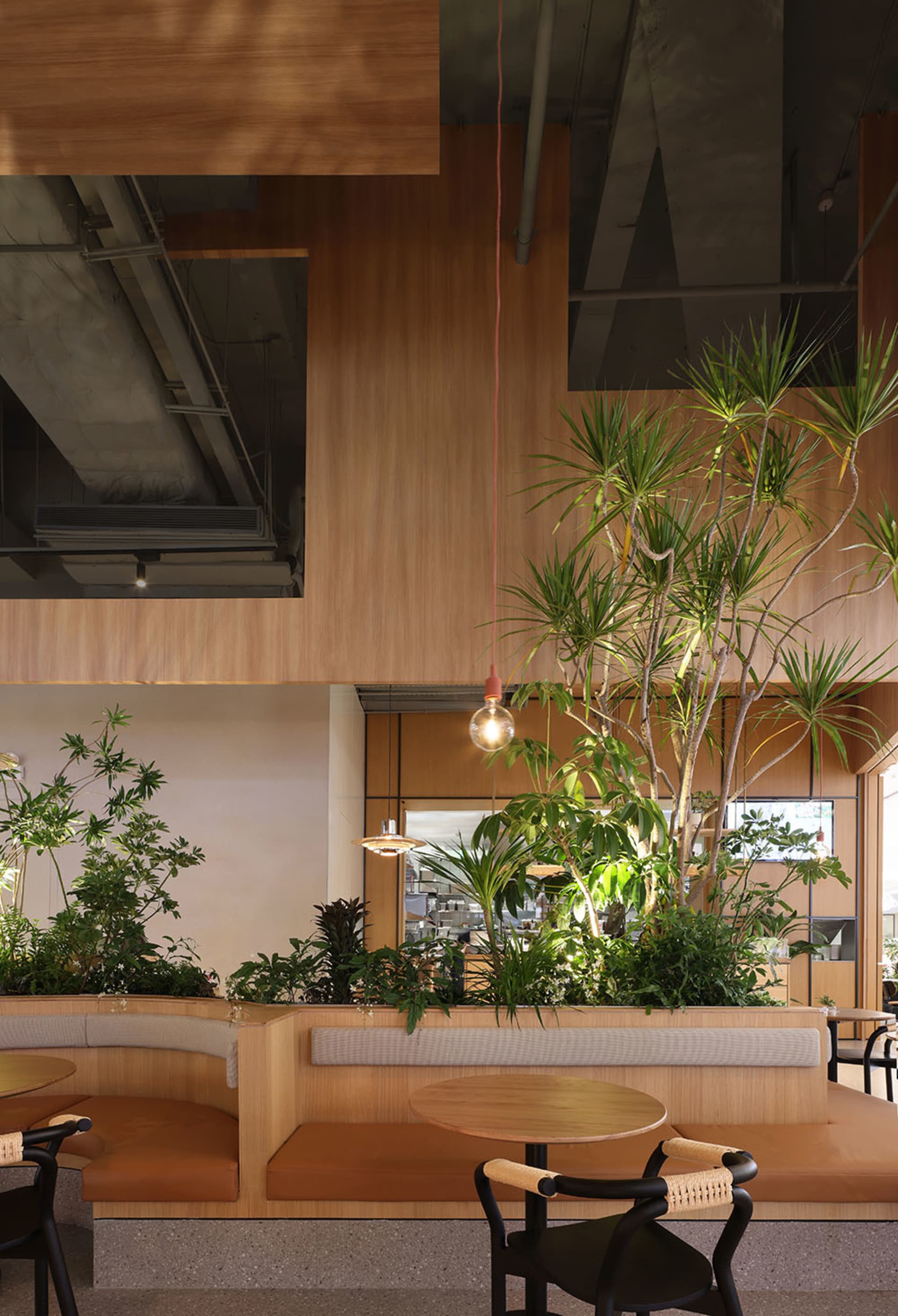 A room with a large wooden wall featuring several potted plants, creating a lush atmosphere, and a dining table on the right side