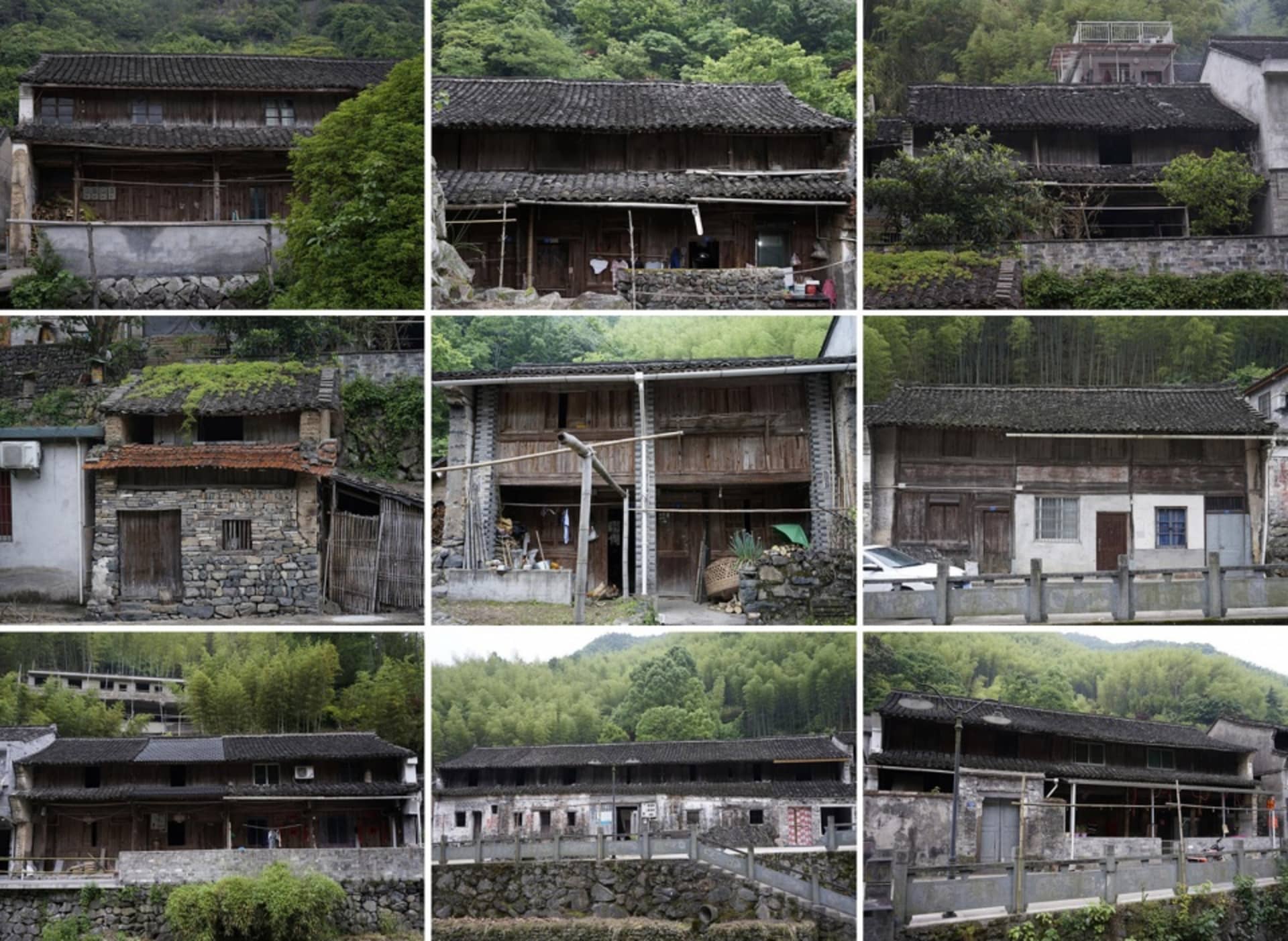 Photos of various buildings in an Asian village featuring stone and wooden structures with unique architectural features