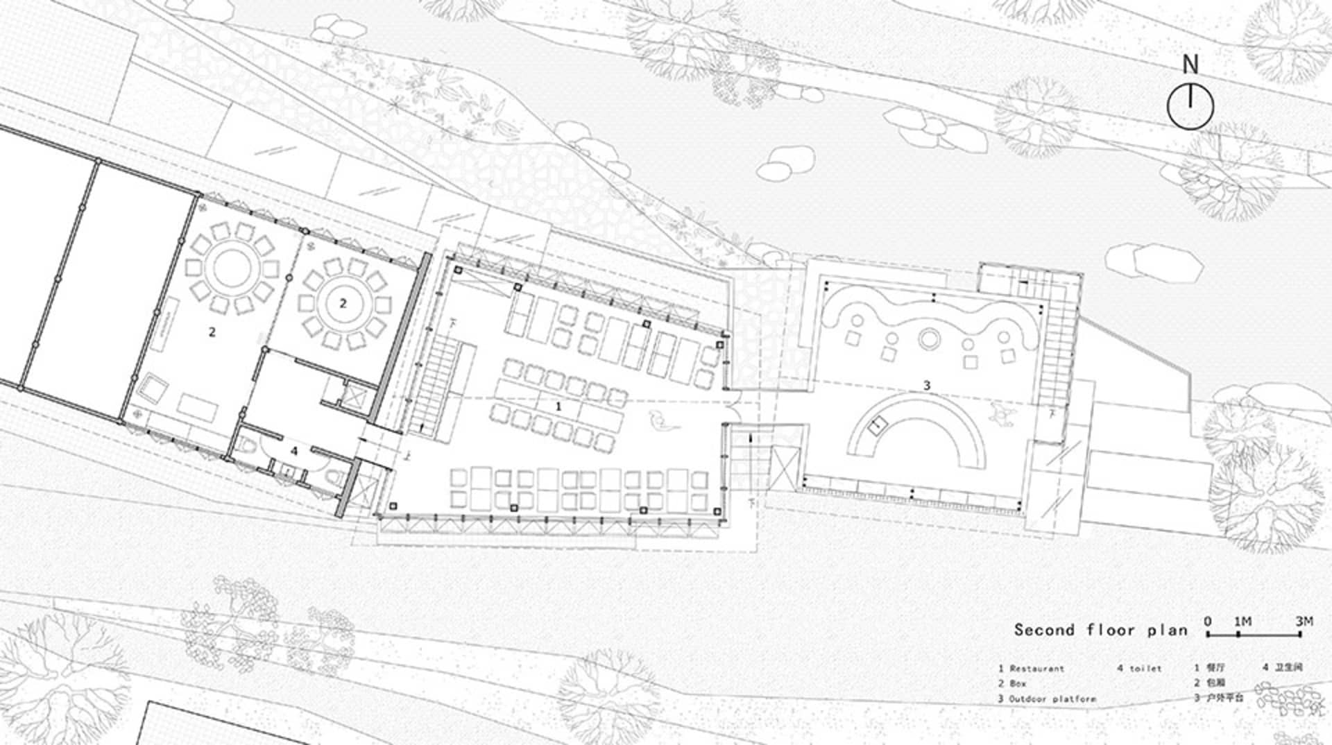 Architectural drawing of a hotel lobby with chairs and dining tables in a luxurious and comfortable environment