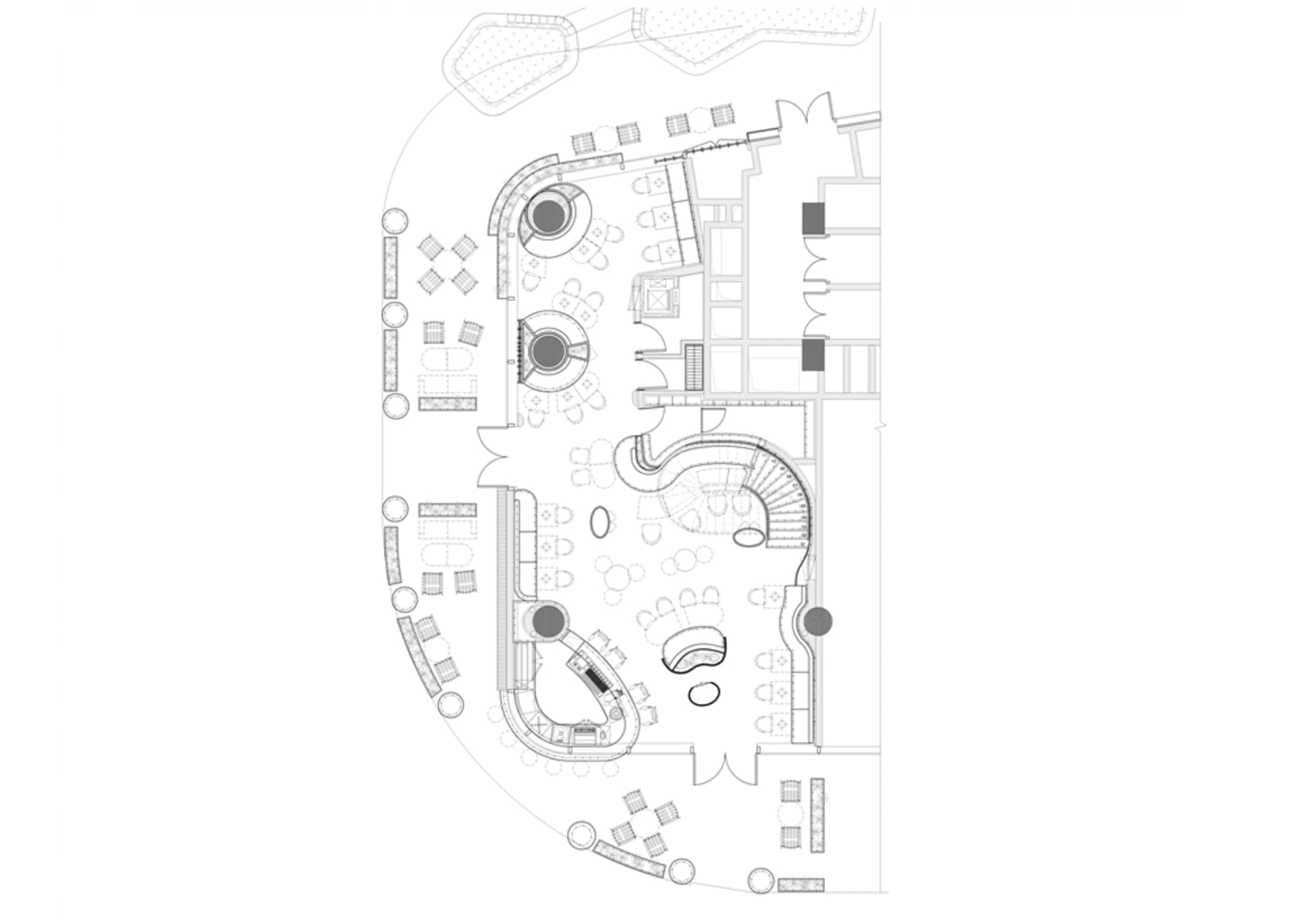 現代建築室內的 2D 平面圖，包含餐廳與休閒區，設有座椅與簡潔線條