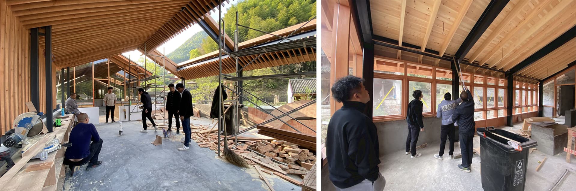 一名男子站在窗前，觀察窗外家中的施工現場，可見鷹架、磚塊與木材