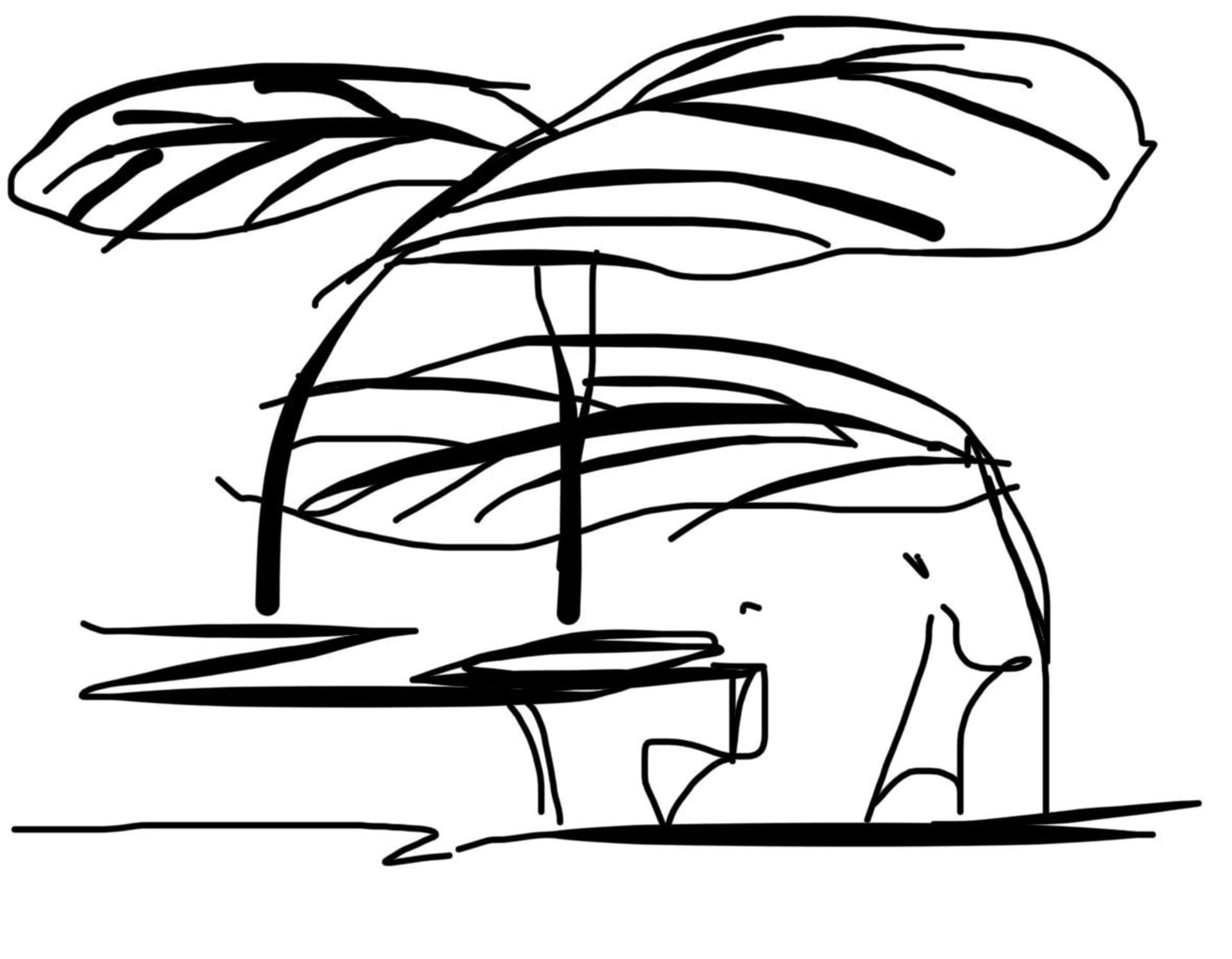 A beach scene with a palm tree, table, and umbrellas, set in a relaxed and inviting atmosphere