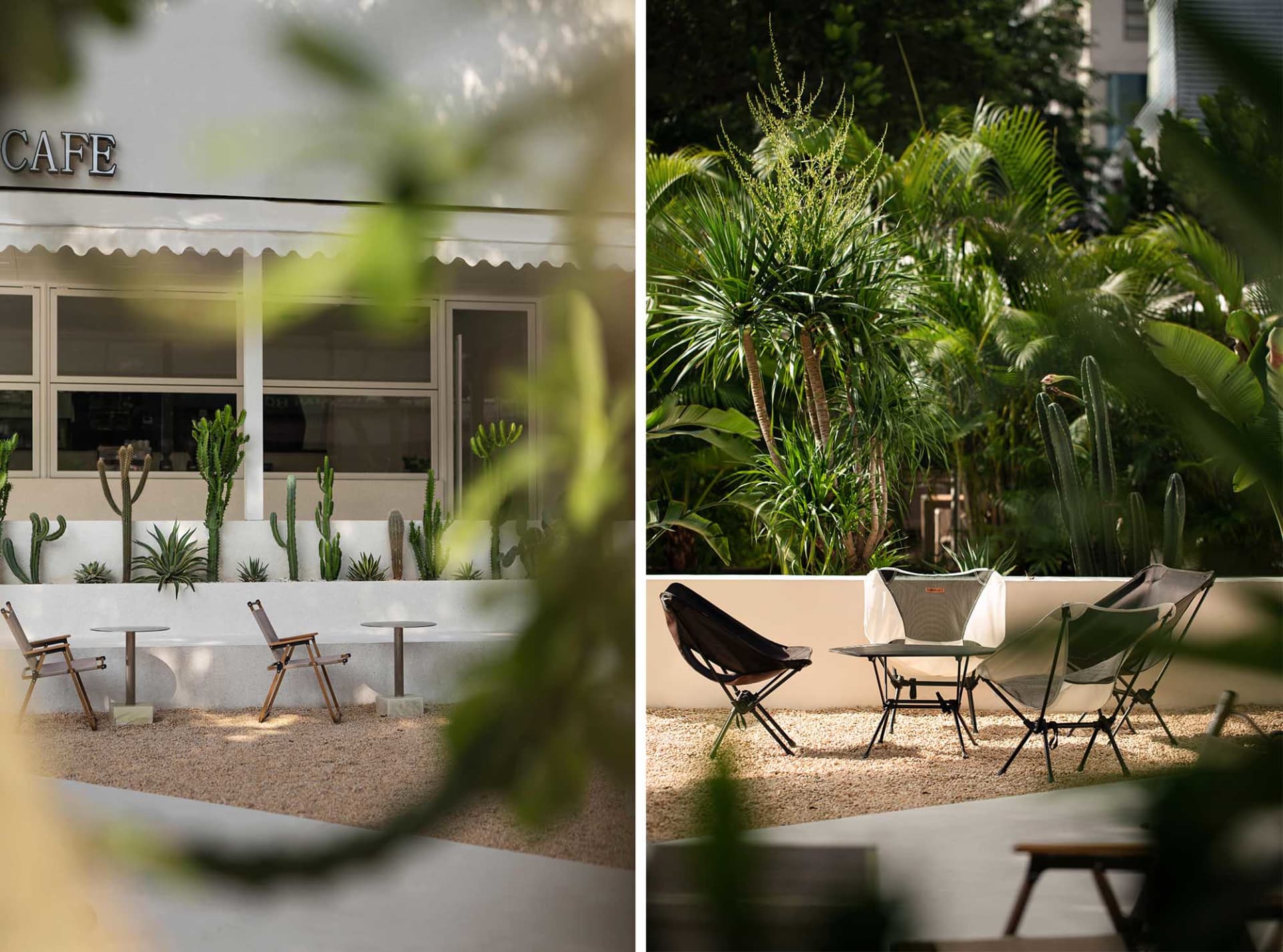 A relaxing outdoor patio with chairs, tables, and potted plants, shaded by umbrellas