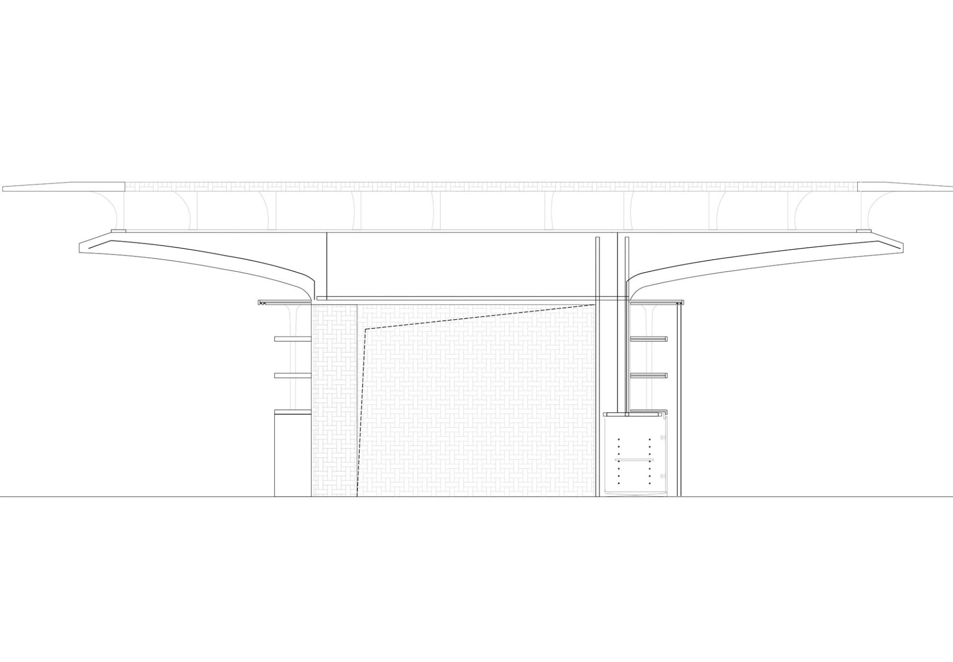 現代建築圖紙，具高挑天花板、開放空間，並以橋樑連結兩側區域，自然光線充足照明