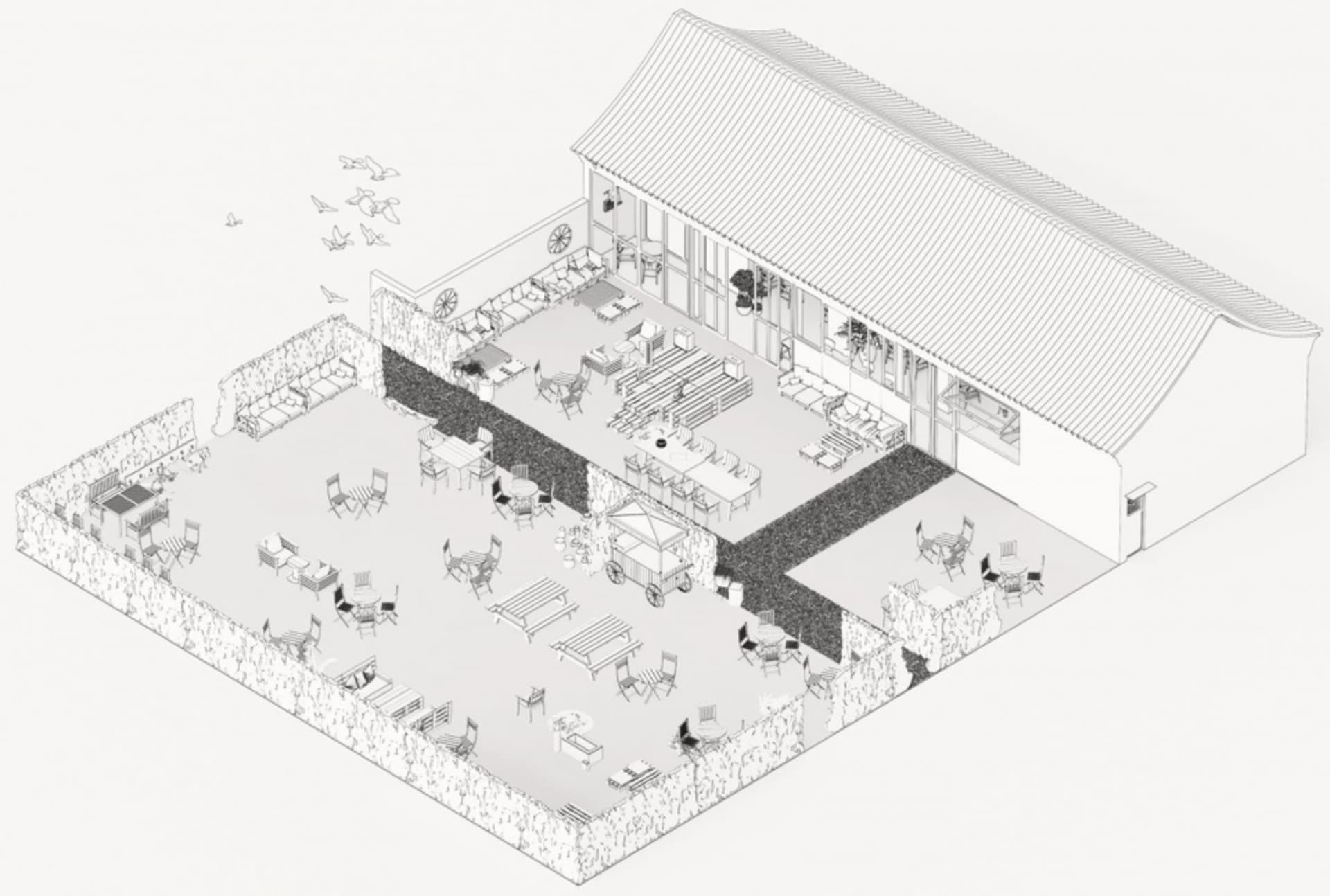 Modern dining space with multiple chairs and tables, benches, and a comfortable atmosphere