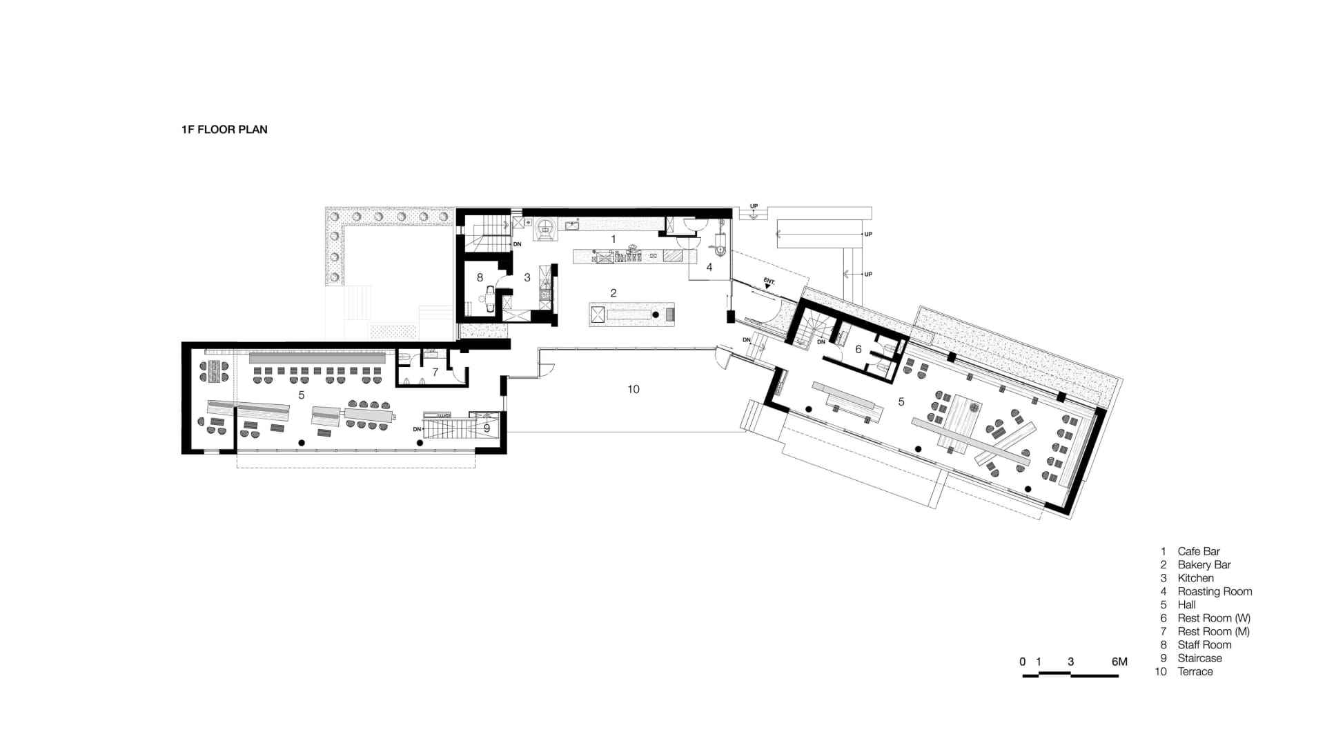 現代飯店或辦公大樓的 2D 平面圖，包含各式房間與空間，乾淨線條與極簡元素