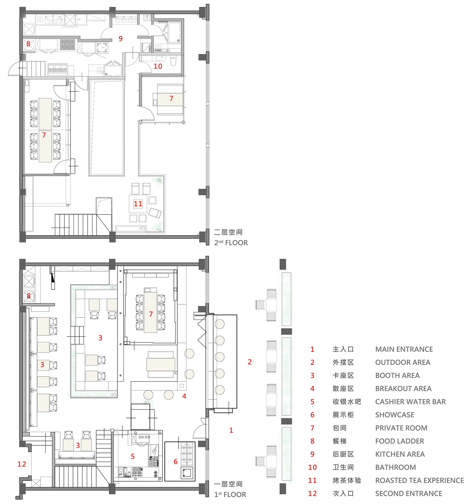 2D floor plan of a hotel with labeled dining, kitchen, lobby, and other functional zones, featuring a modern and sophisticated design